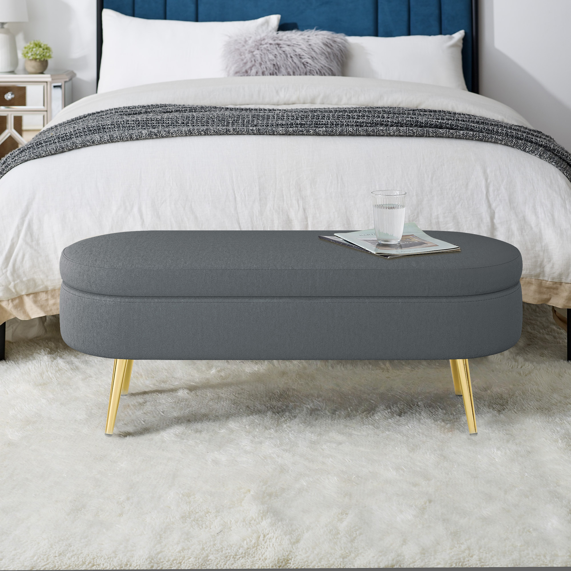 Ottoman Oval Storage Bench, Flannel with Metal Legs-Dark Gray(43.5"x16"x16") - Image 4