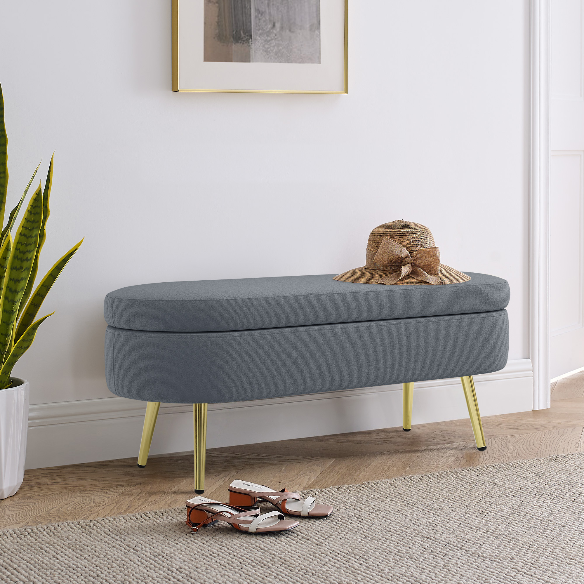 Ottoman Oval Storage Bench, Flannel with Metal Legs-Dark Gray(43.5"x16"x16") - Image 5