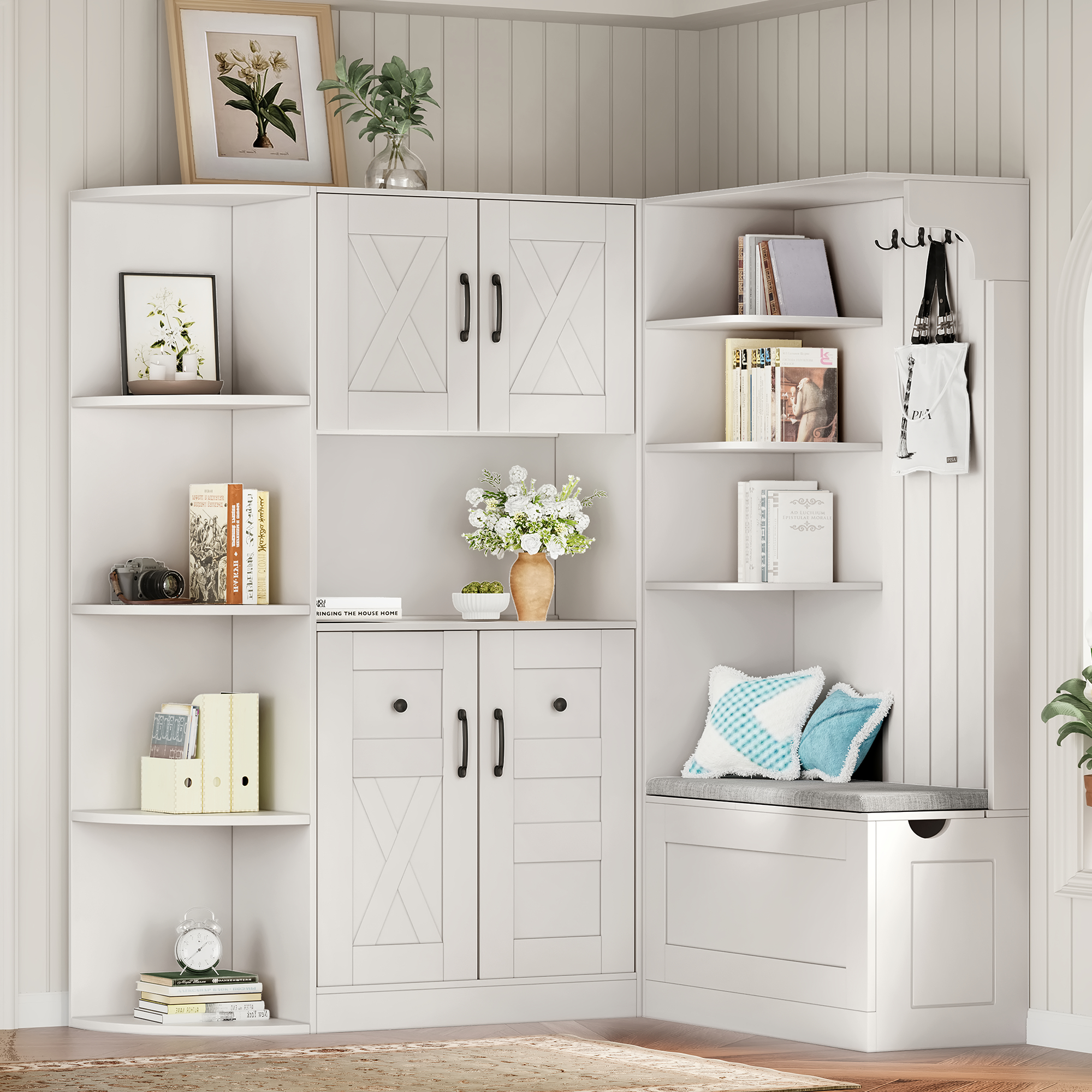 Multifunctional left-right combination hall cabinet (can be used separately) with storage and 4 hooks, storage cabinet/ hall tree 2 in 1 for living room, kitchen and hallway, White - Image 2