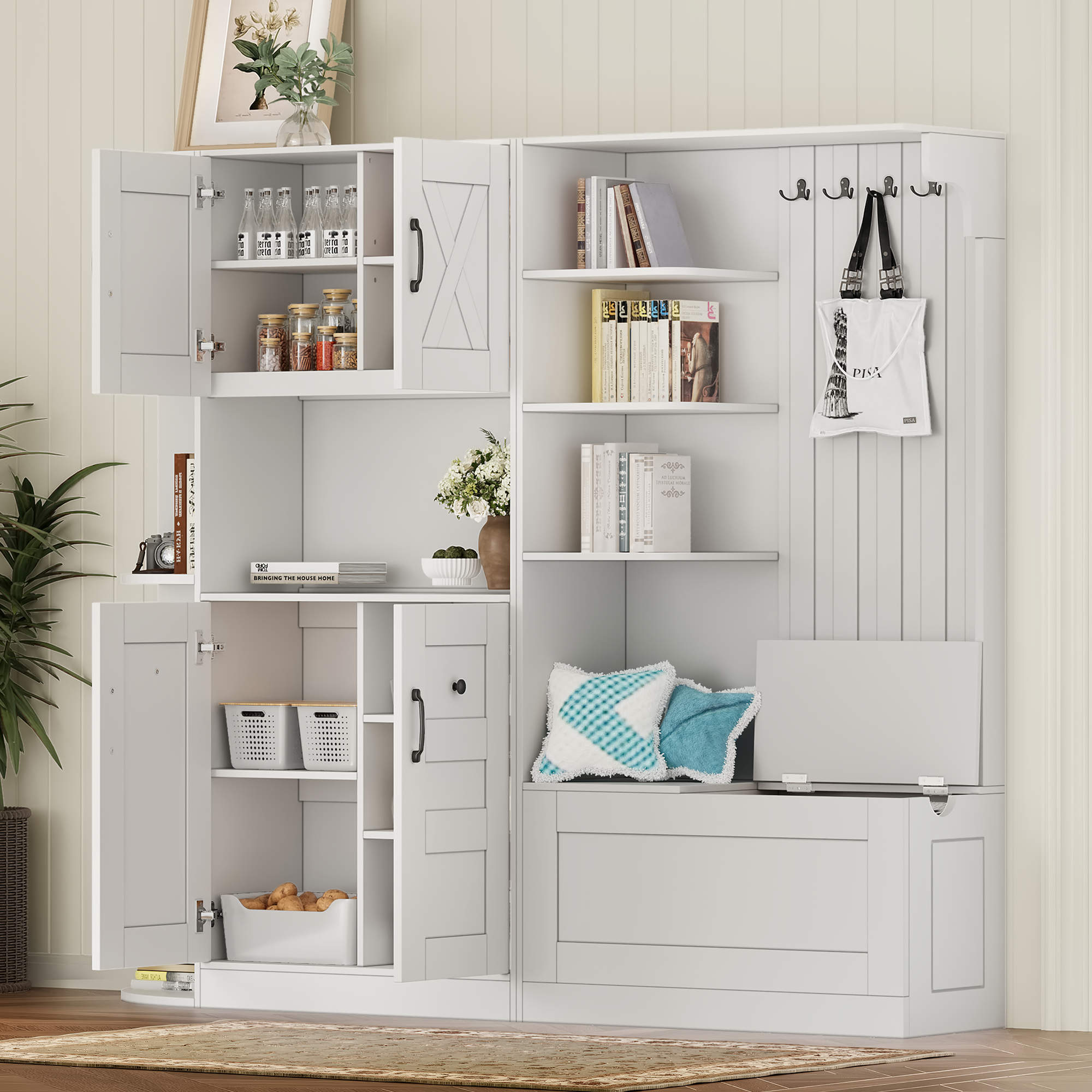 Multifunctional left-right combination hall cabinet (can be used separately) with storage and 4 hooks, storage cabinet/ hall tree 2 in 1 for living room, kitchen and hallway, White - Image 3