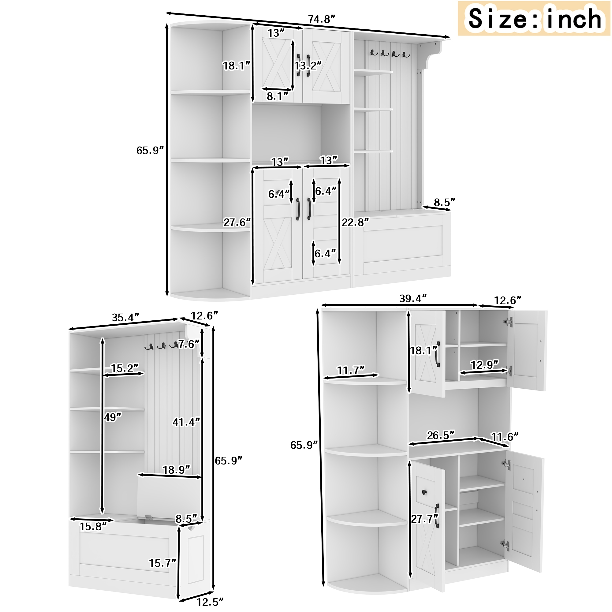 Multifunctional left-right combination hall cabinet (can be used separately) with storage and 4 hooks, storage cabinet/ hall tree 2 in 1 for living room, kitchen and hallway, White - Image 4