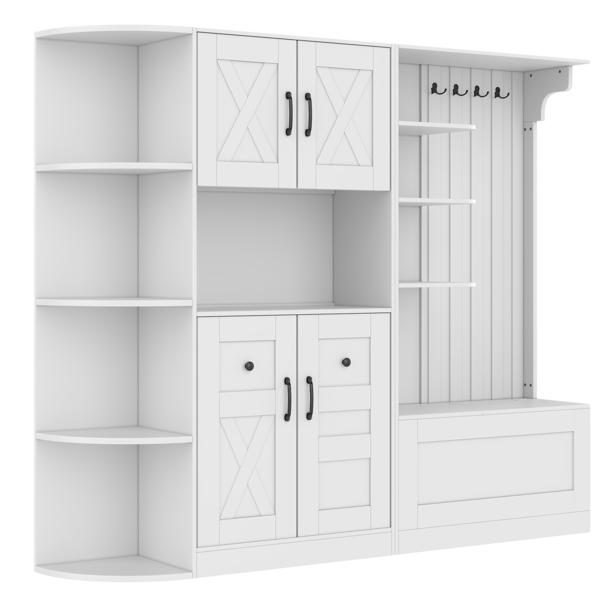 Multifunctional left-right combination hall cabinet (can be used separately) with storage and 4 hooks, storage cabinet/ hall tree 2 in 1 for living room, kitchen and hallway, White - Image 5