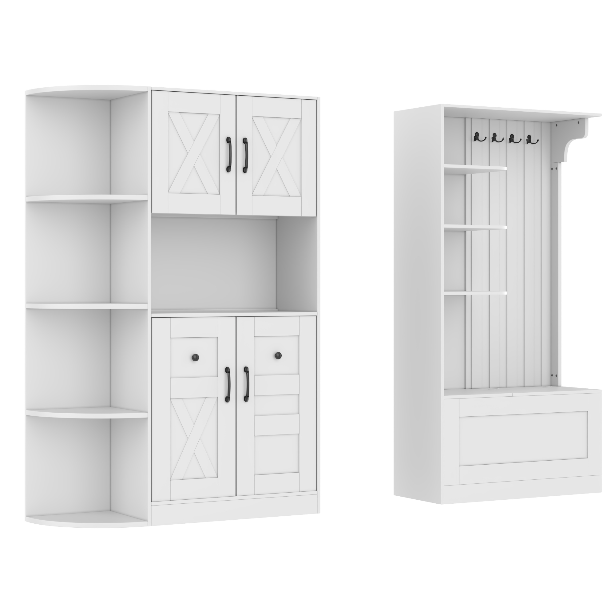 Multifunctional left-right combination hall cabinet (can be used separately) with storage and 4 hooks, storage cabinet/ hall tree 2 in 1 for living room, kitchen and hallway, White - Image 6