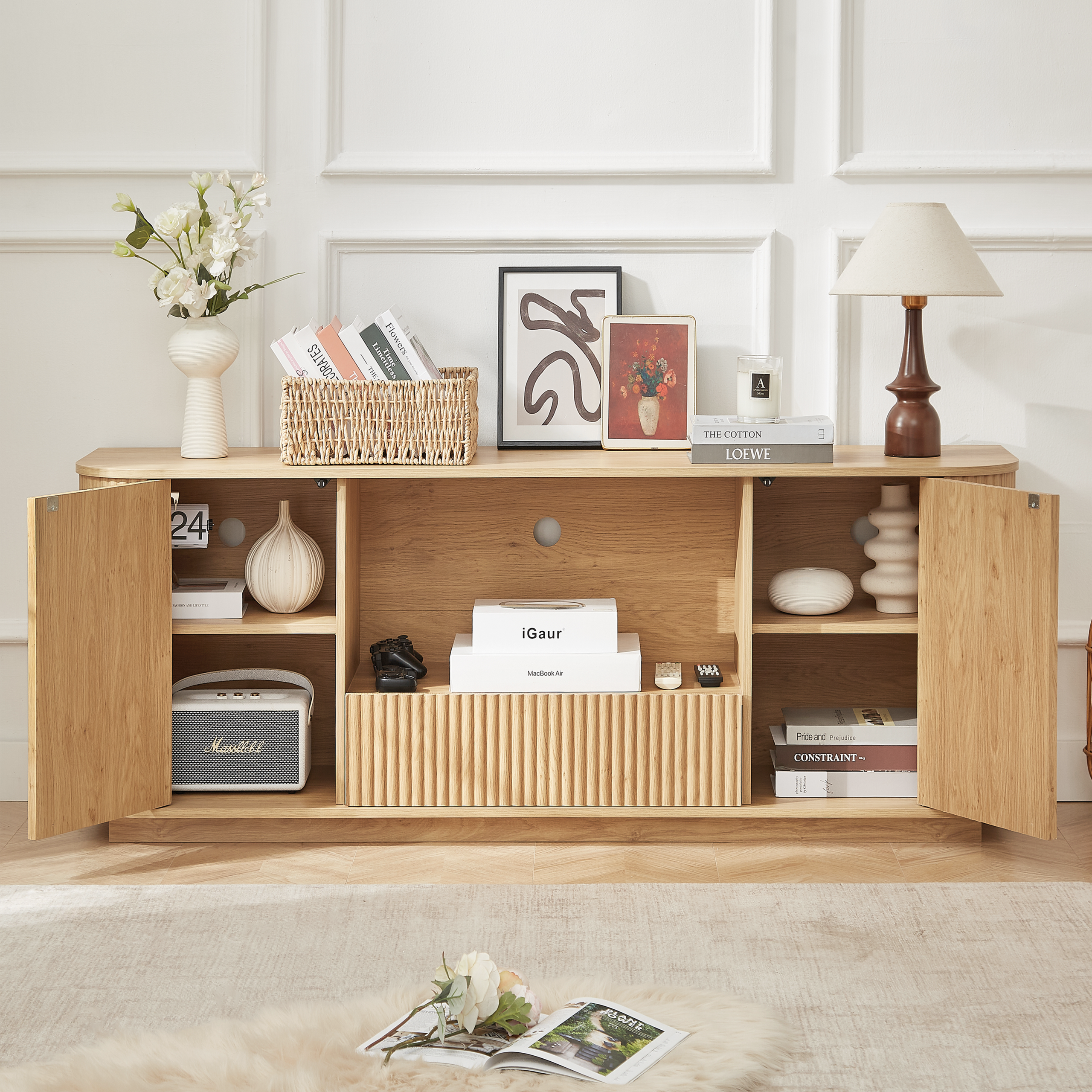 64-Inch Wavy TV Stand, Rounded Sideboard, Storage Cabinet, Wooden Vertical Stripe Cabinet for Living Room/Bedroom/Entryway. Natural,64''W x 15''D x 24''H. - Image 2