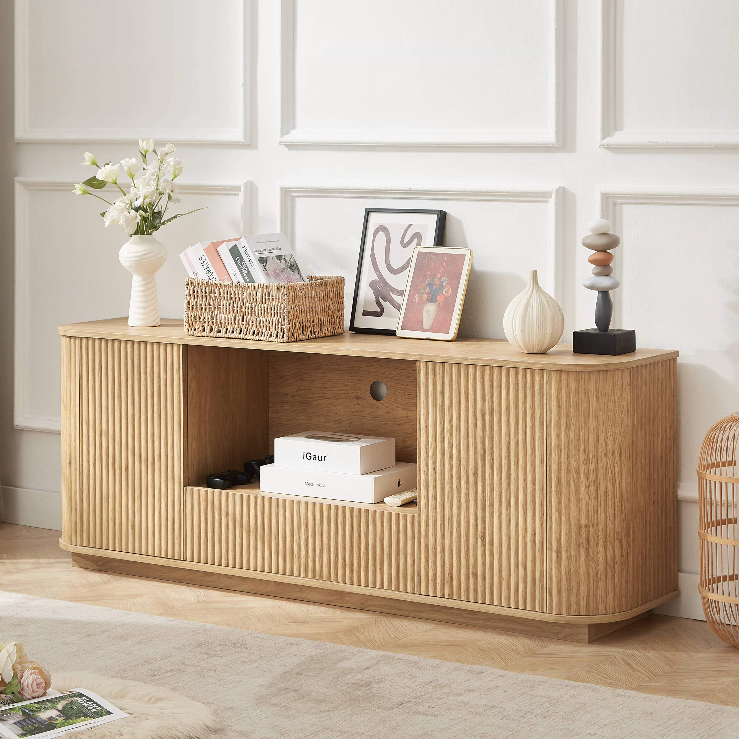 64-Inch Wavy TV Stand, Rounded Sideboard, Storage Cabinet, Wooden Vertical Stripe Cabinet for Living Room/Bedroom/Entryway. Natural,64''W x 15''D x 24''H. - Image 3