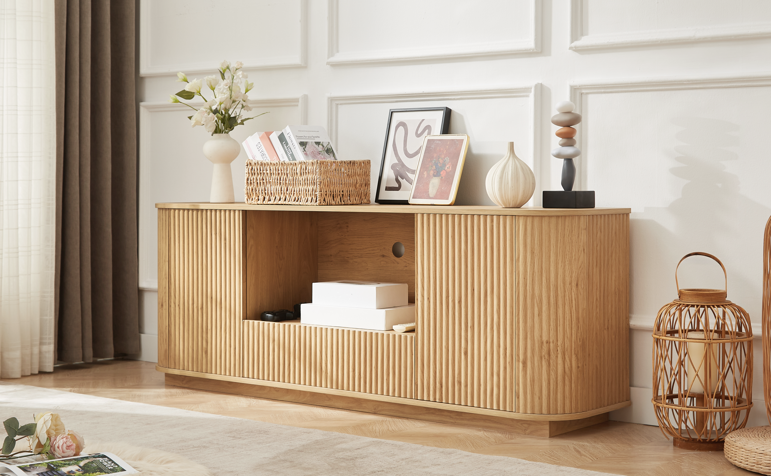 64-Inch Wavy TV Stand, Rounded Sideboard, Storage Cabinet, Wooden Vertical Stripe Cabinet for Living Room/Bedroom/Entryway. Natural,64''W x 15''D x 24''H. - Image 4