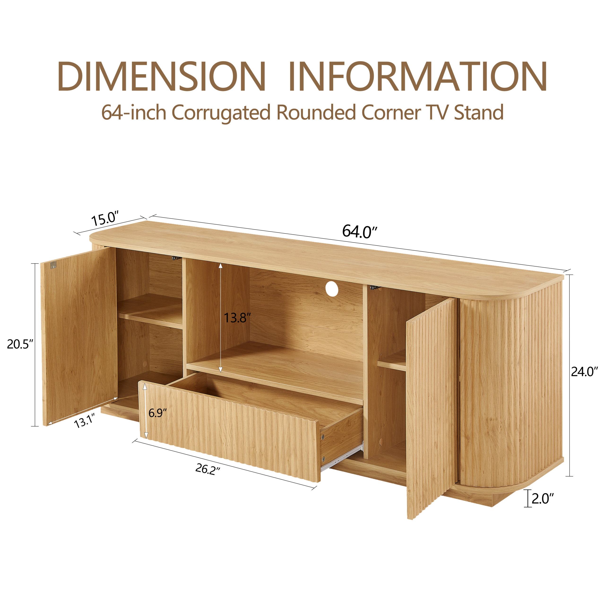 64-Inch Wavy TV Stand, Rounded Sideboard, Storage Cabinet, Wooden Vertical Stripe Cabinet for Living Room/Bedroom/Entryway. Natural,64''W x 15''D x 24''H. - Image 5