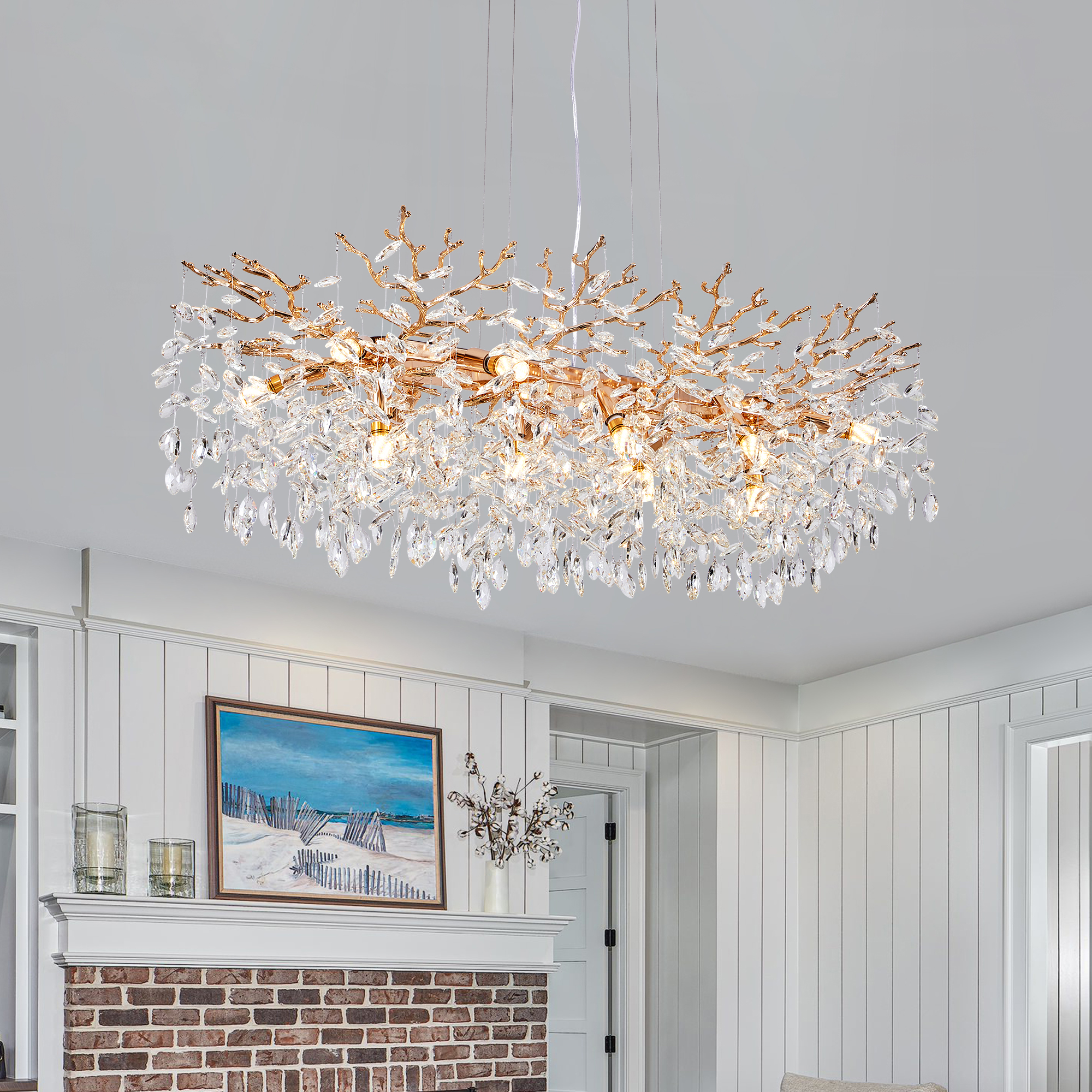 Modern Rectangular Chandelier, 49.2" Gold Crystal Tree Branch Chandelier 14 Lights Luxury Raindrop Light for Dining Room, Kitchen Island, Living Room - Image 2