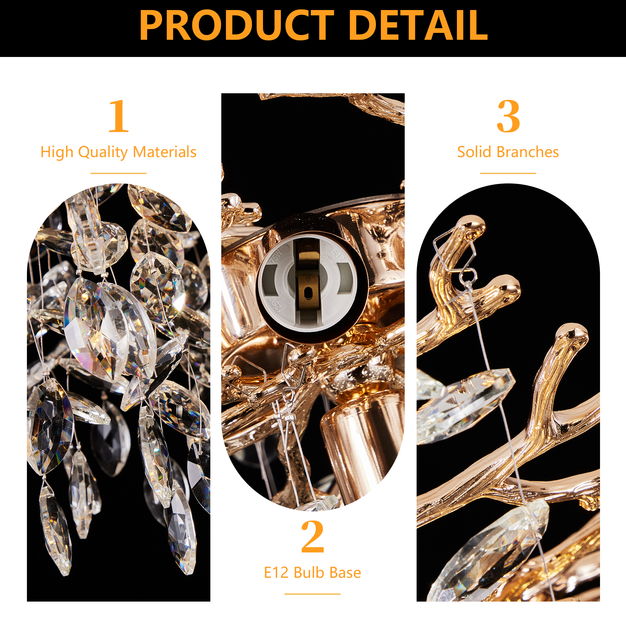 Modern Rectangular Chandelier, 49.2" Gold Crystal Tree Branch Chandelier 14 Lights Luxury Raindrop Light for Dining Room, Kitchen Island, Living Room - Image 4