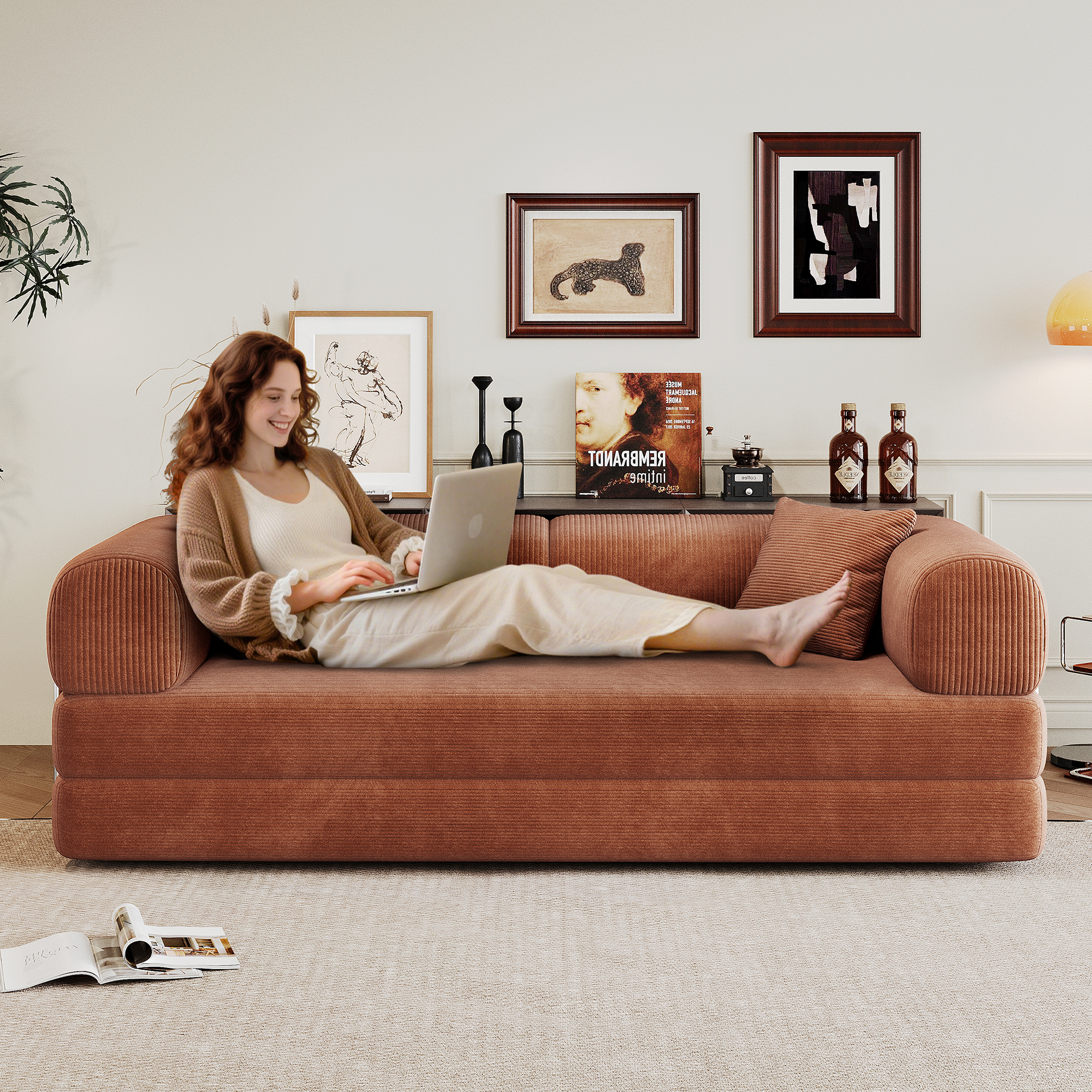 78.8" Compression Sofa,Convertible Floor Sofa Bed-with Pillow Back Support Armrest,Comfy Futon Couch Sleeper Bed,Loveseats Boneless Modular Sectional Sofa,Corduroy fabric,for Living Room,Bedroom,Brown - Image 2