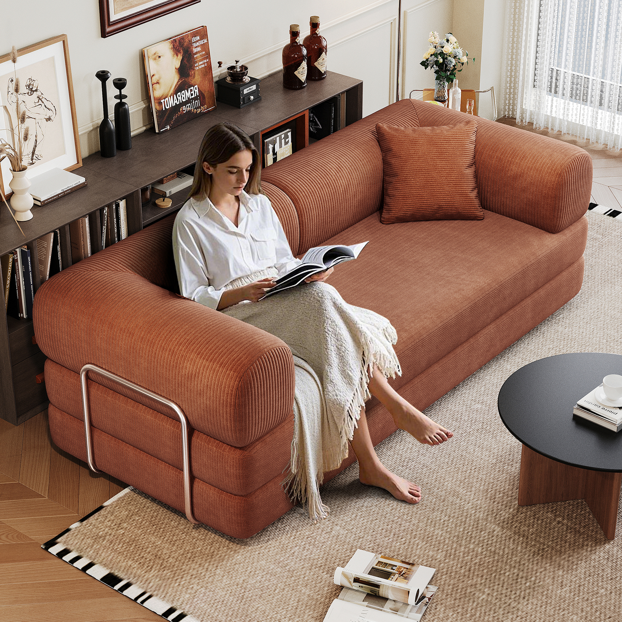78.8" Compression Sofa,Convertible Floor Sofa Bed-with Pillow Back Support Armrest,Comfy Futon Couch Sleeper Bed,Loveseats Boneless Modular Sectional Sofa,Corduroy fabric,for Living Room,Bedroom,Brown - Image 3