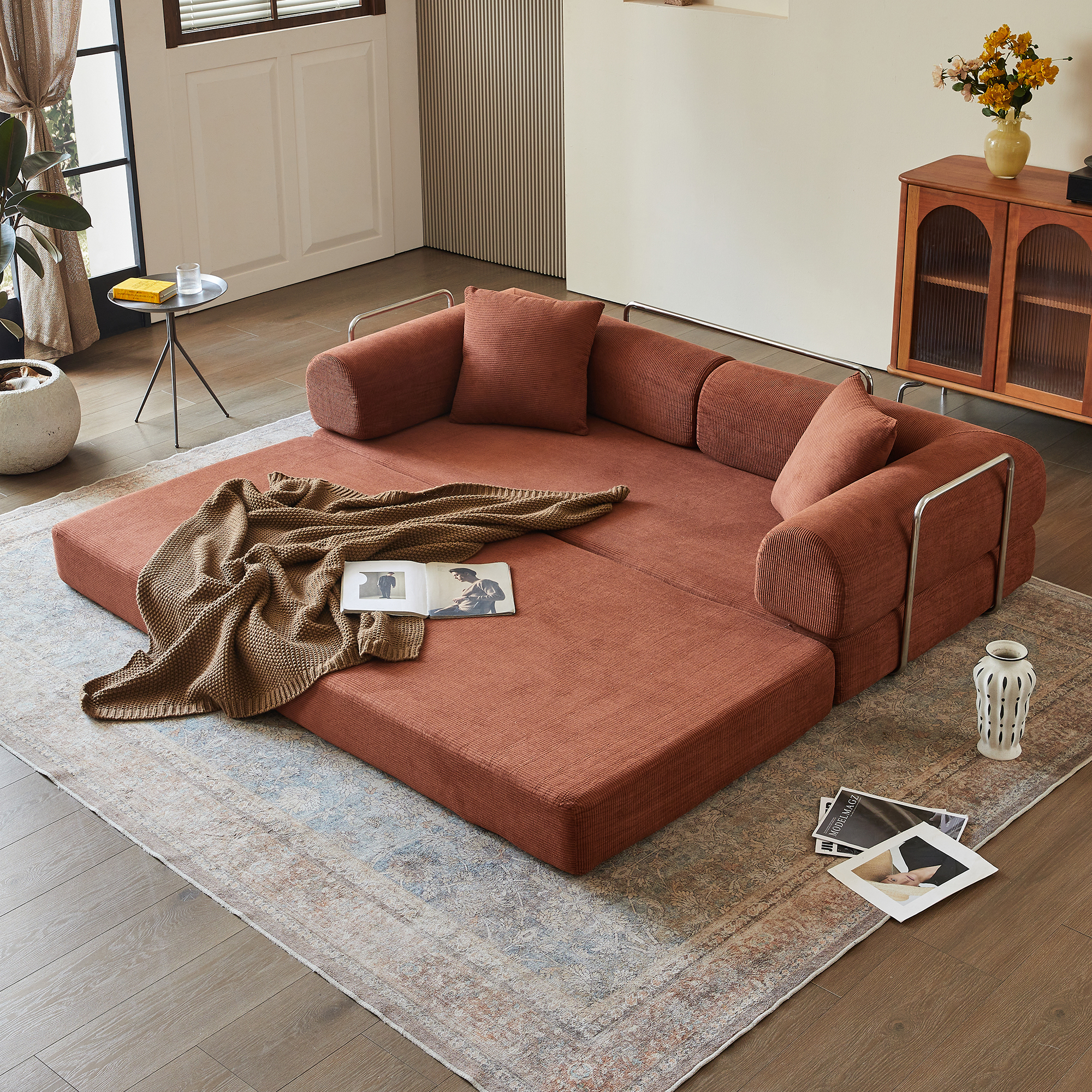 78.8" Compression Sofa,Convertible Floor Sofa Bed-with Pillow Back Support Armrest,Comfy Futon Couch Sleeper Bed,Loveseats Boneless Modular Sectional Sofa,Corduroy fabric,for Living Room,Bedroom,Brown - Image 5