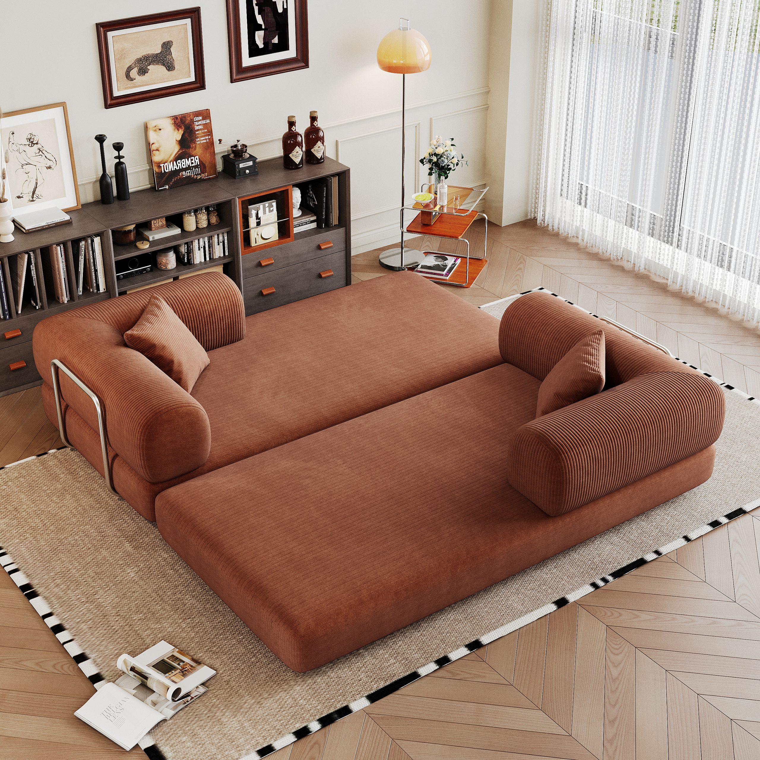 78.8" Compression Sofa,Convertible Floor Sofa Bed-with Pillow Back Support Armrest,Comfy Futon Couch Sleeper Bed,Loveseats Boneless Modular Sectional Sofa,Corduroy fabric,for Living Room,Bedroom,Brown - Image 6