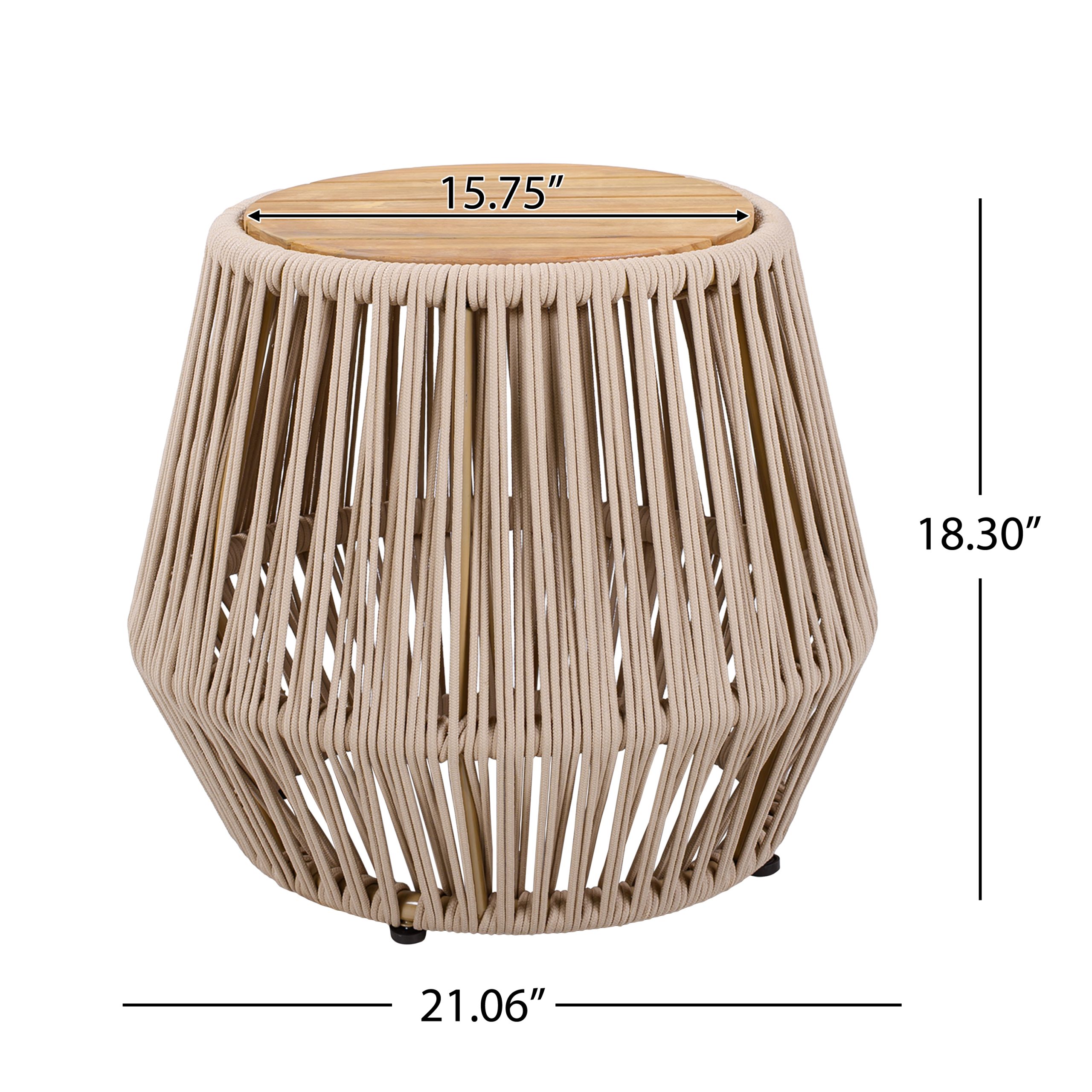 Acacia Wood Side Table with Beige Rope Base - Light Teak Finish, Modern Coastal Accent for Patio, Garden, Balcony & Indoor Use - Image 2