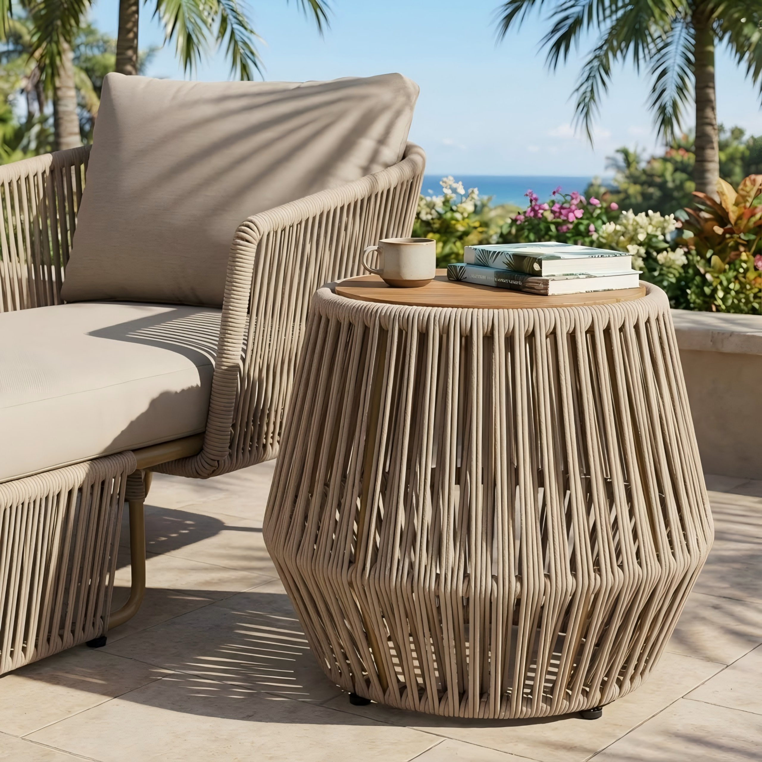 Acacia Wood Side Table with Beige Rope Base - Light Teak Finish, Modern Coastal Accent for Patio, Garden, Balcony & Indoor Use - Image 3