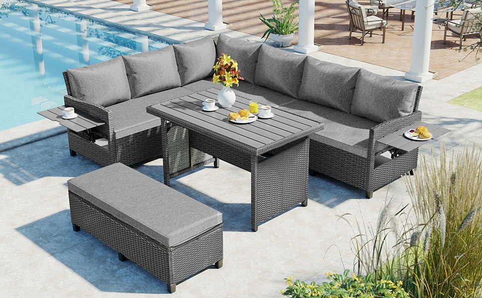TOMAX 5-Piece Outdoor Patio Rattan Sofa Set, Sectional PE Wicker L-Shaped Garden Furniture Set with 2 Extendable Side Tables, Dining Table and Washable Covers for Backyard, Poolside, Indoor, Grey - Image 2