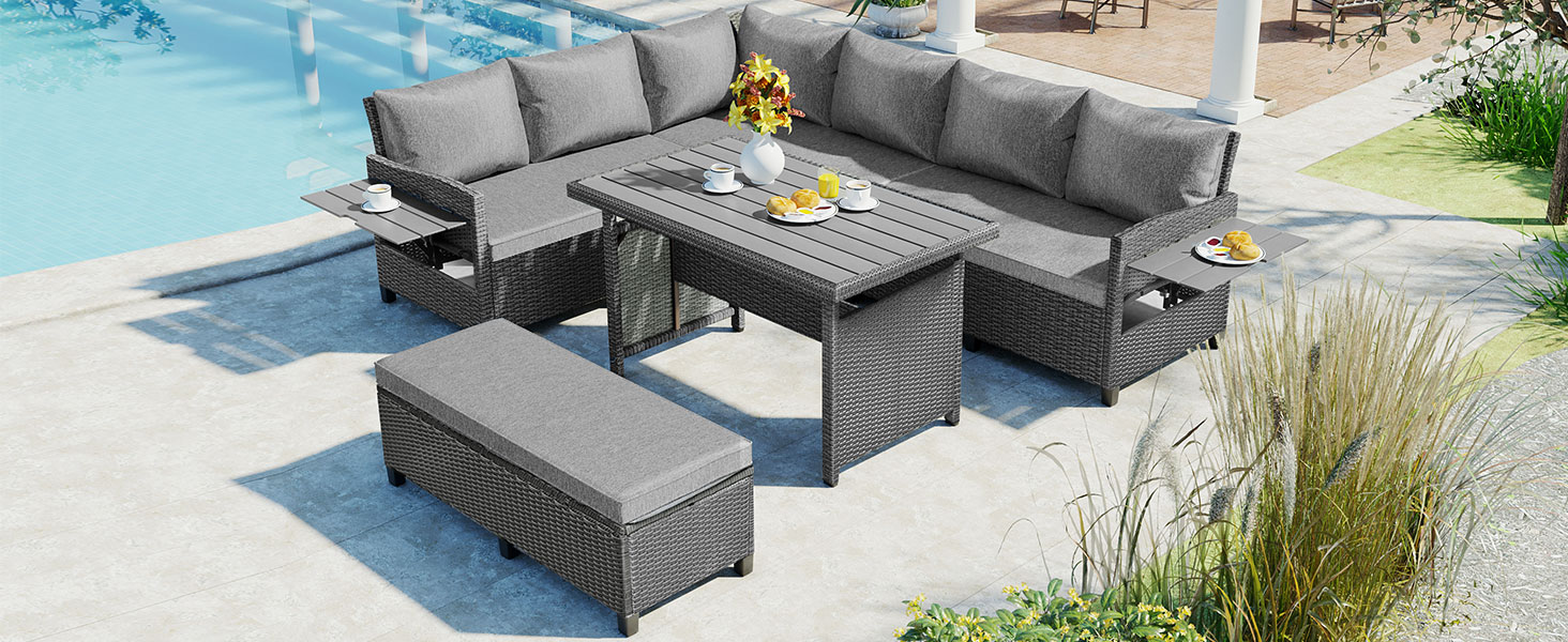 TOMAX 5-Piece Outdoor Patio Rattan Sofa Set, Sectional PE Wicker L-Shaped Garden Furniture Set with 2 Extendable Side Tables, Dining Table and Washable Covers for Backyard, Poolside, Indoor, Grey - Image 3