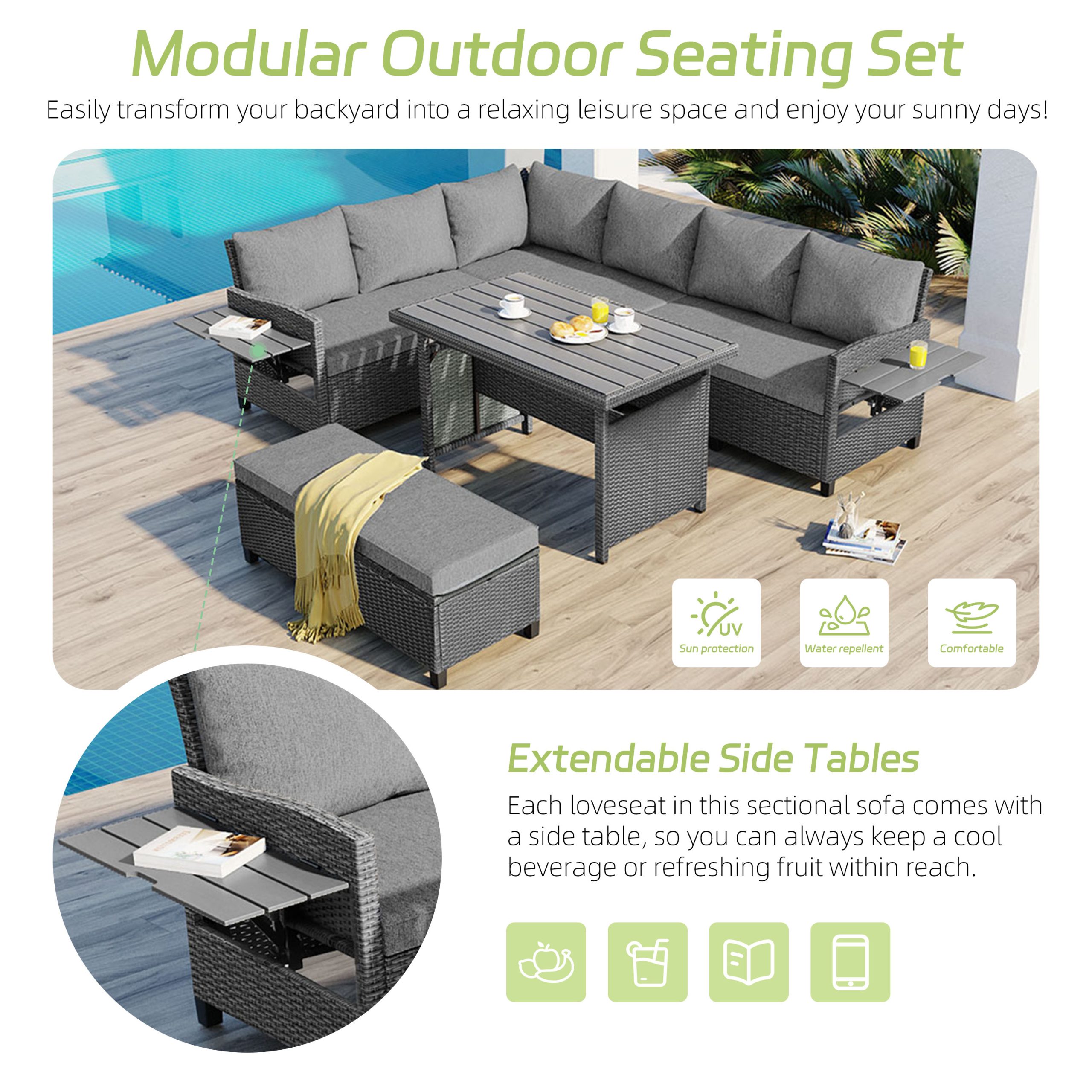 TOMAX 5-Piece Outdoor Patio Rattan Sofa Set, Sectional PE Wicker L-Shaped Garden Furniture Set with 2 Extendable Side Tables, Dining Table and Washable Covers for Backyard, Poolside, Indoor, Grey - Image 4