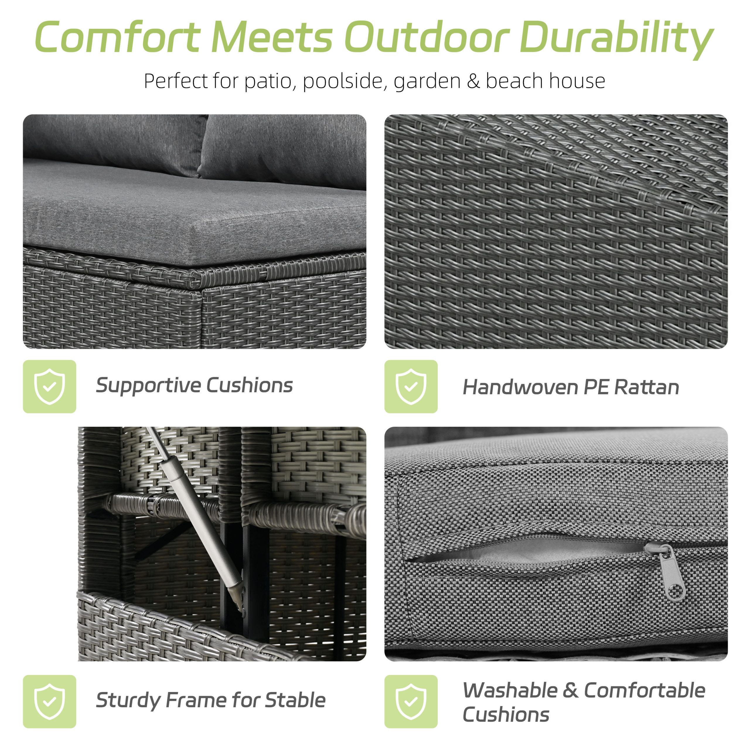 TOMAX 5-Piece Outdoor Patio Rattan Sofa Set, Sectional PE Wicker L-Shaped Garden Furniture Set with 2 Extendable Side Tables, Dining Table and Washable Covers for Backyard, Poolside, Indoor, Grey - Image 5