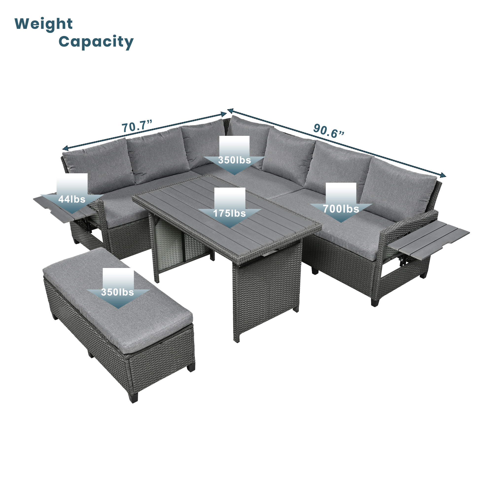 TOMAX 5-Piece Outdoor Patio Rattan Sofa Set, Sectional PE Wicker L-Shaped Garden Furniture Set with 2 Extendable Side Tables, Dining Table and Washable Covers for Backyard, Poolside, Indoor, Grey - Image 6