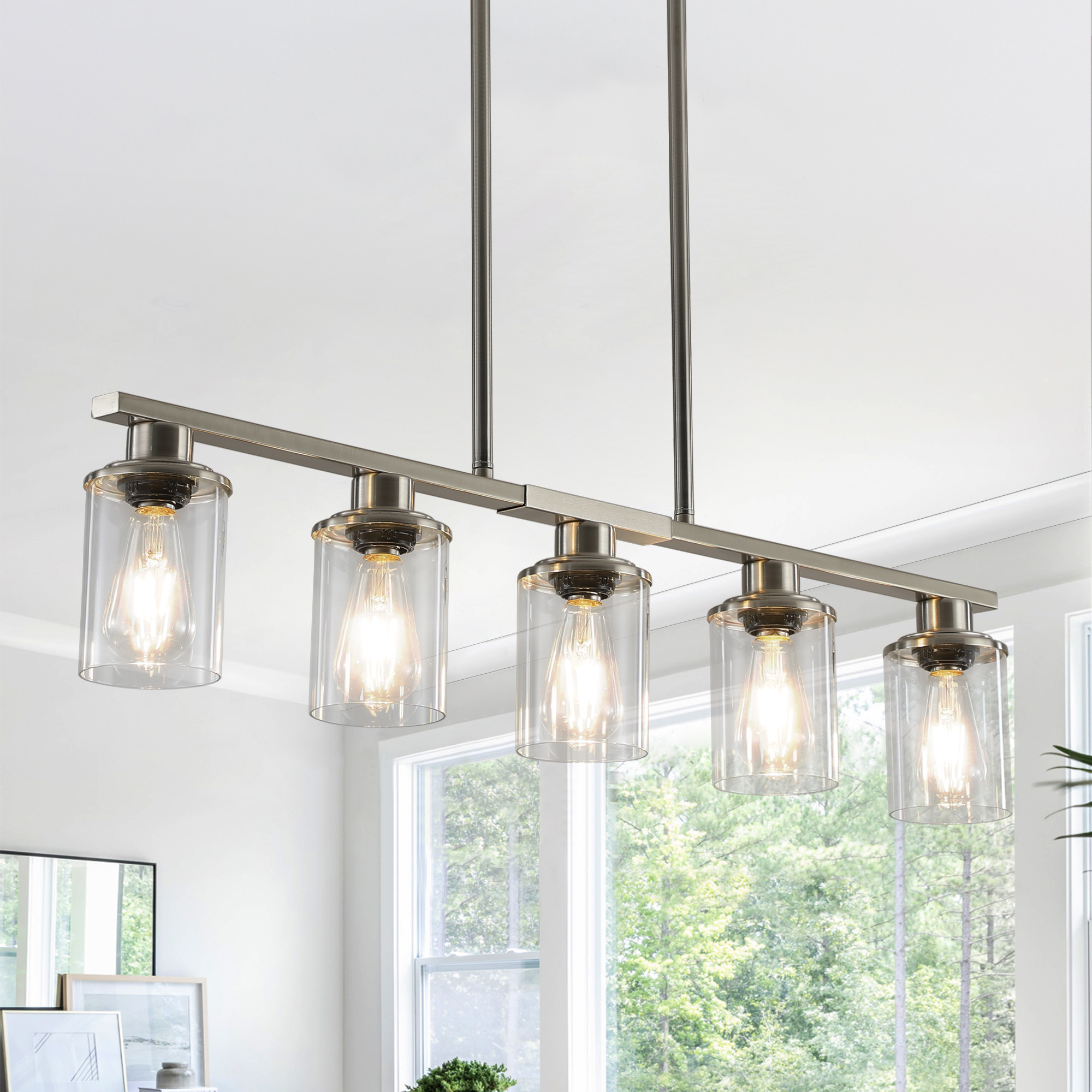 37" Brushed Nickel 5-Light Chandelier - Contemporary Kitchen Island Pendant Light with Clear Glass Shades for Dining Room, Farmhouse, or Modern Decor (No Bulbs) - Image 2