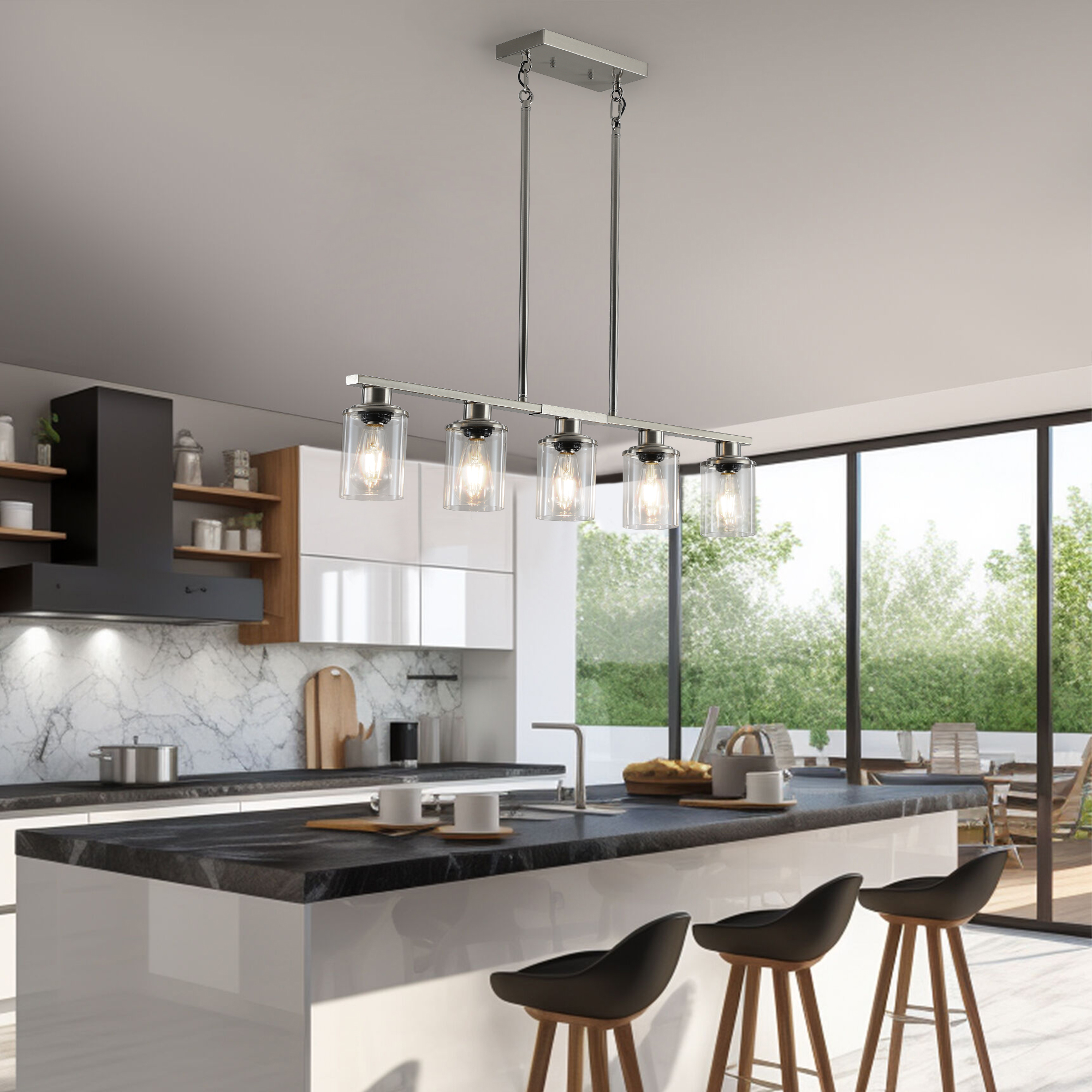 37" Brushed Nickel 5-Light Chandelier - Contemporary Kitchen Island Pendant Light with Clear Glass Shades for Dining Room, Farmhouse, or Modern Decor (No Bulbs) - Image 3