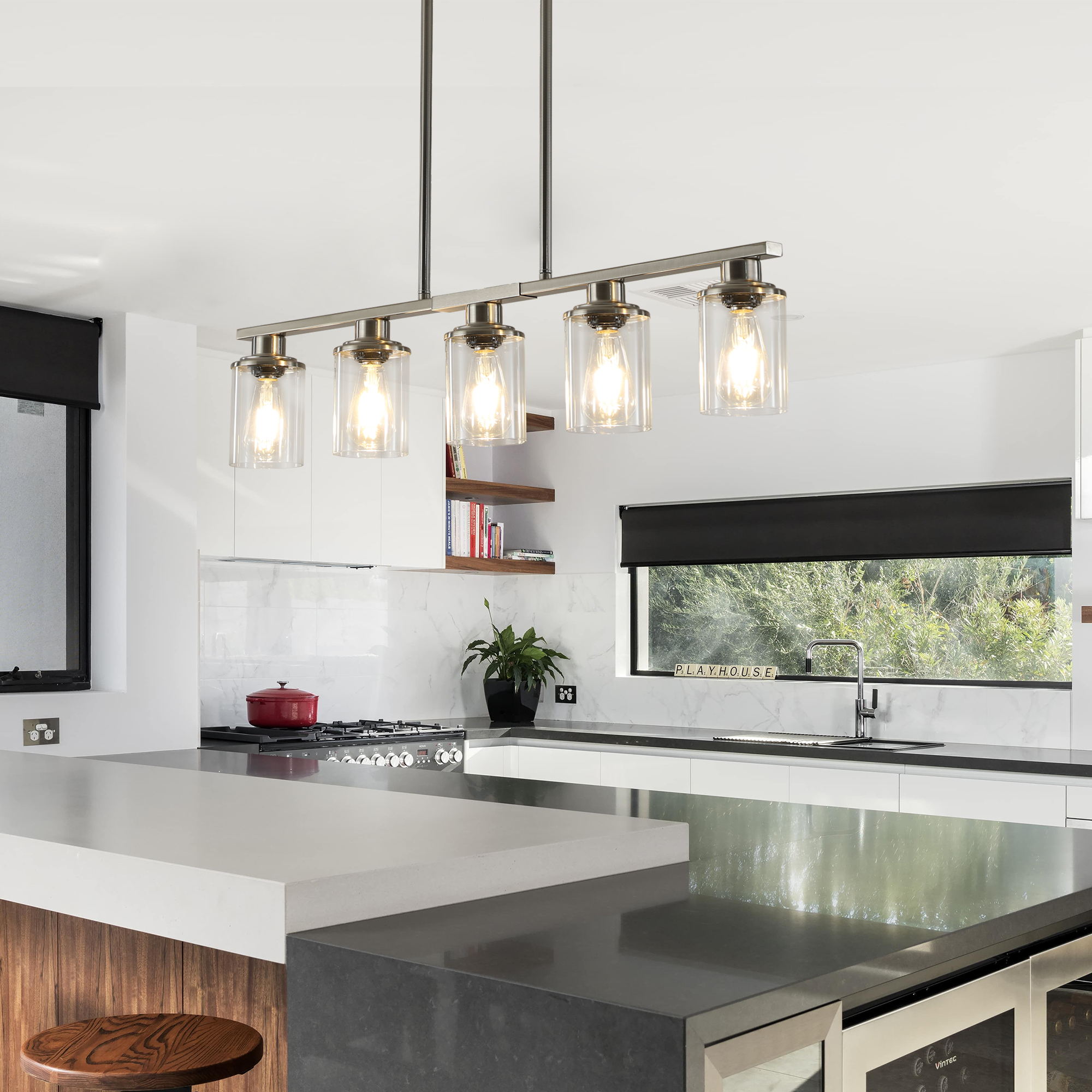 37" Brushed Nickel 5-Light Chandelier - Contemporary Kitchen Island Pendant Light with Clear Glass Shades for Dining Room, Farmhouse, or Modern Decor (No Bulbs) - Image 4