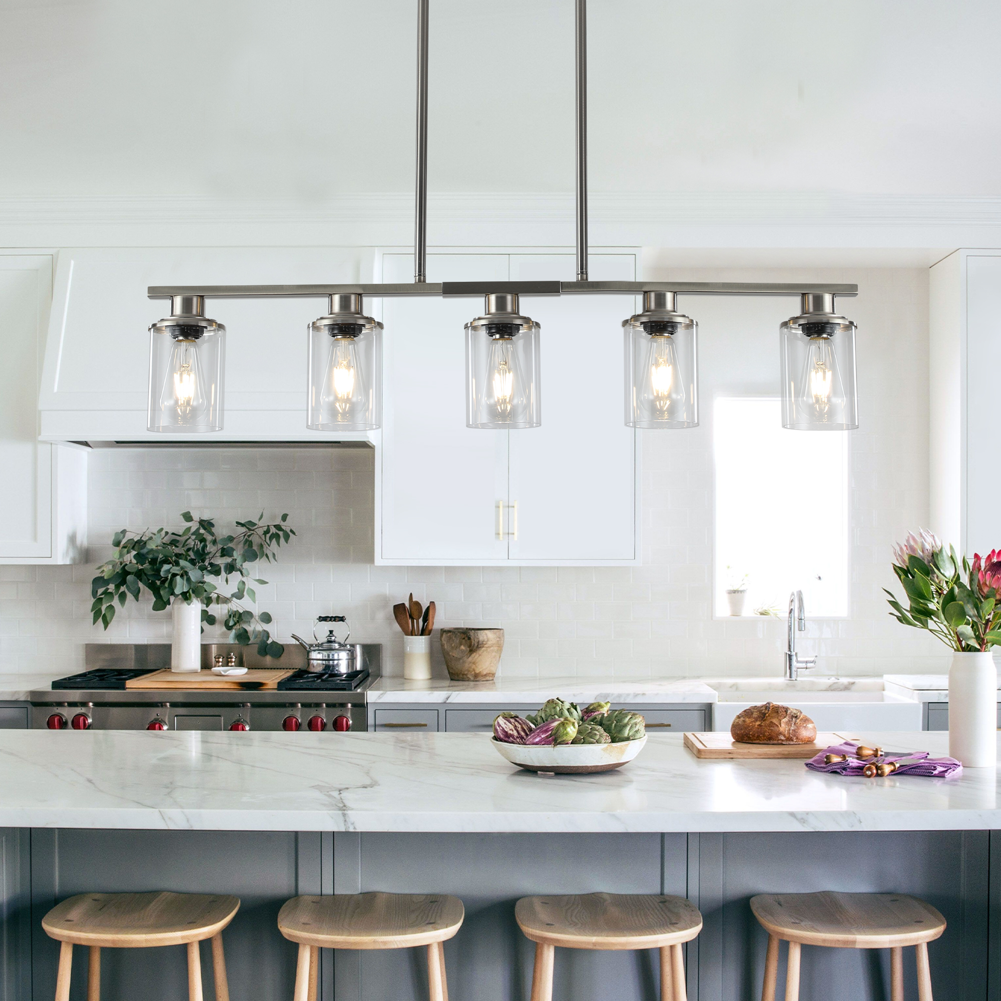37" Brushed Nickel 5-Light Chandelier - Contemporary Kitchen Island Pendant Light with Clear Glass Shades for Dining Room, Farmhouse, or Modern Decor (No Bulbs) - Image 5