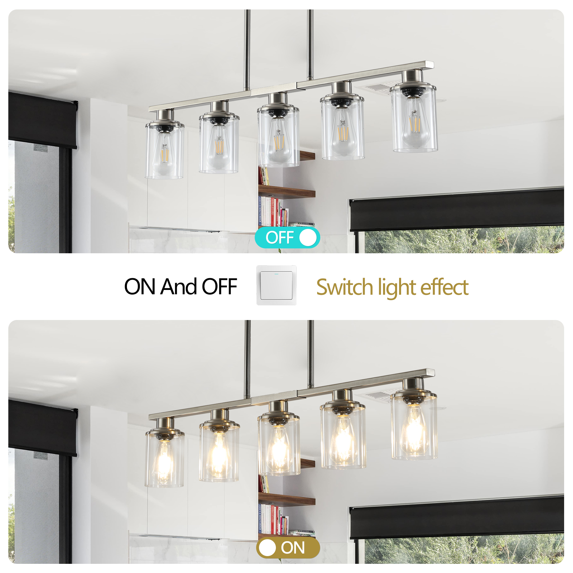 37" Brushed Nickel 5-Light Chandelier - Contemporary Kitchen Island Pendant Light with Clear Glass Shades for Dining Room, Farmhouse, or Modern Decor (No Bulbs) - Image 6
