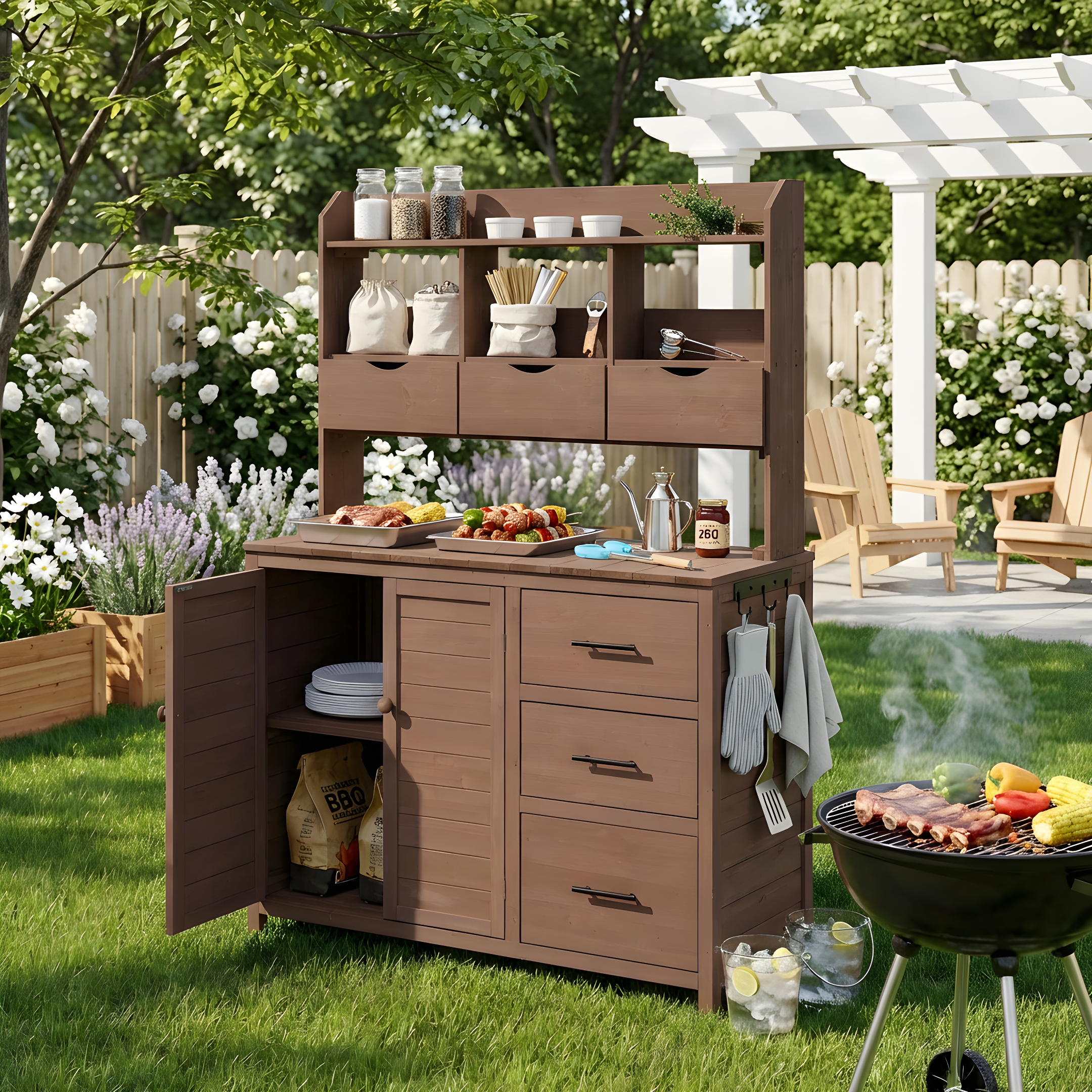 (With Assembly Video) TOPMAX Farmhouse Patio Potting Bench, 44.6''x19.5'' Large Freestanding Garden Workstation with 6 Drawers, Bottom Cabinet and Side Hook, Outdoor Kitchen Island, Brown - Image 2