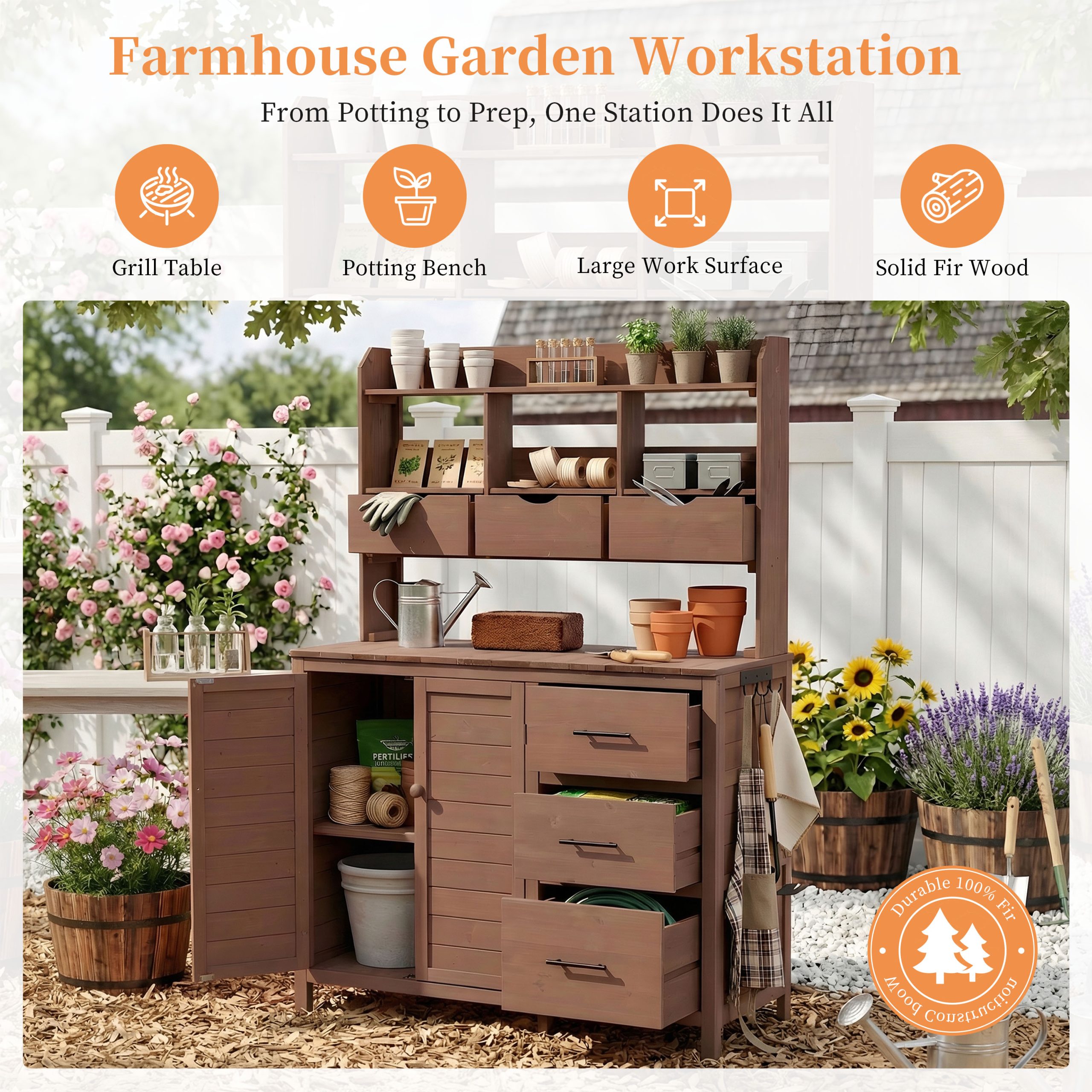 (With Assembly Video) TOPMAX Farmhouse Patio Potting Bench, 44.6''x19.5'' Large Freestanding Garden Workstation with 6 Drawers, Bottom Cabinet and Side Hook, Outdoor Kitchen Island, Brown - Image 3