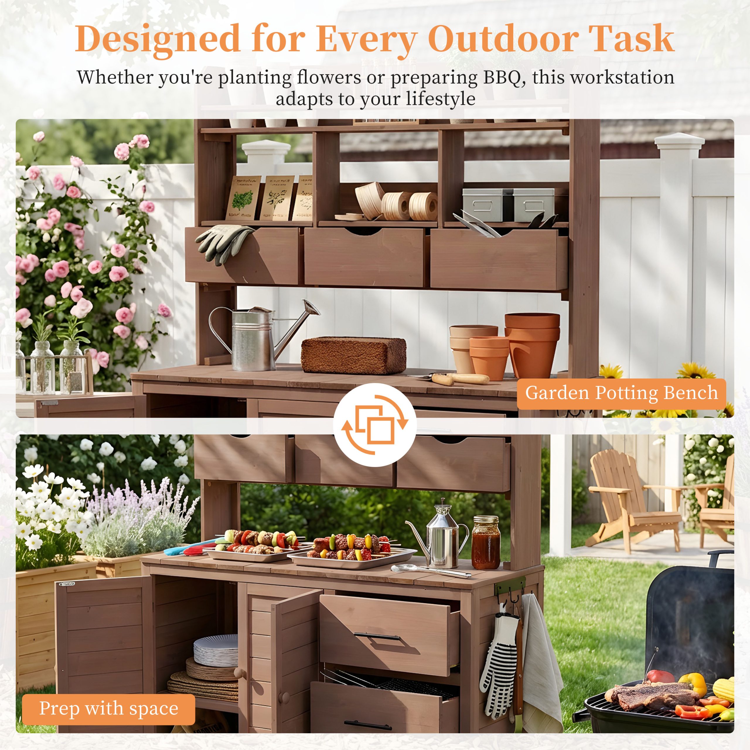 (With Assembly Video) TOPMAX Farmhouse Patio Potting Bench, 44.6''x19.5'' Large Freestanding Garden Workstation with 6 Drawers, Bottom Cabinet and Side Hook, Outdoor Kitchen Island, Brown - Image 4