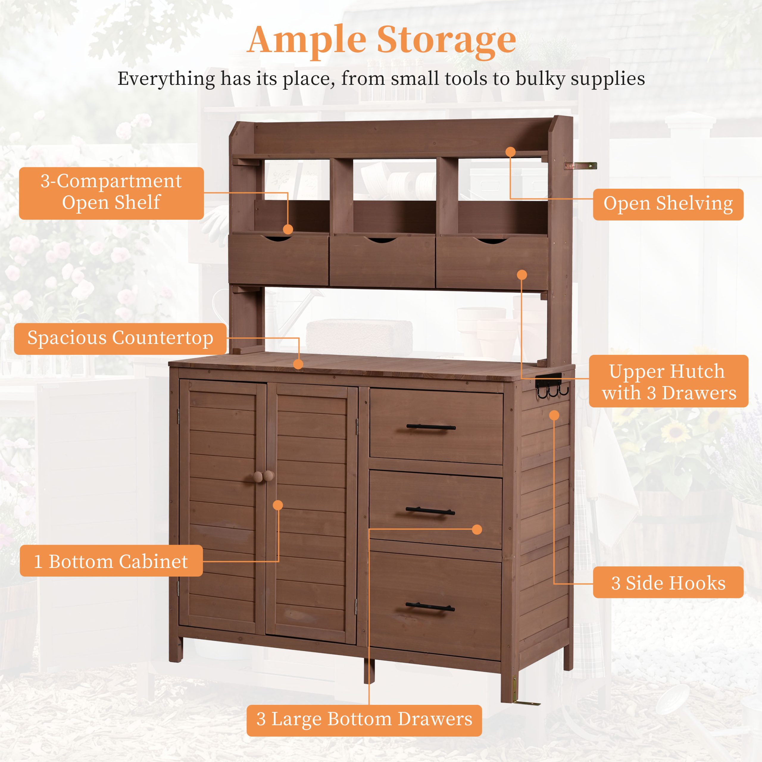 (With Assembly Video) TOPMAX Farmhouse Patio Potting Bench, 44.6''x19.5'' Large Freestanding Garden Workstation with 6 Drawers, Bottom Cabinet and Side Hook, Outdoor Kitchen Island, Brown - Image 6