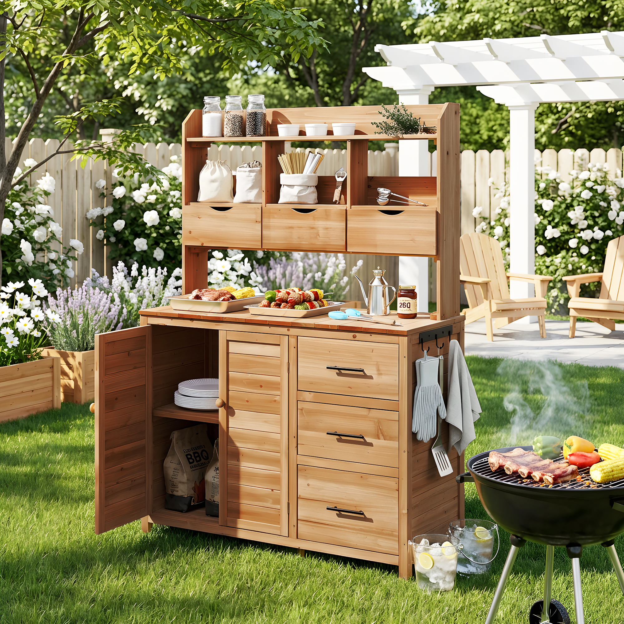 (With Assembly Video) TOPMAX Farmhouse Patio Potting Bench, 44.6''x19.5'' Large Freestanding Garden Workstation with 6 Drawers, Bottom Cabinet and Side Hook, Outdoor Kitchen Island, Natural Wood - Image 2