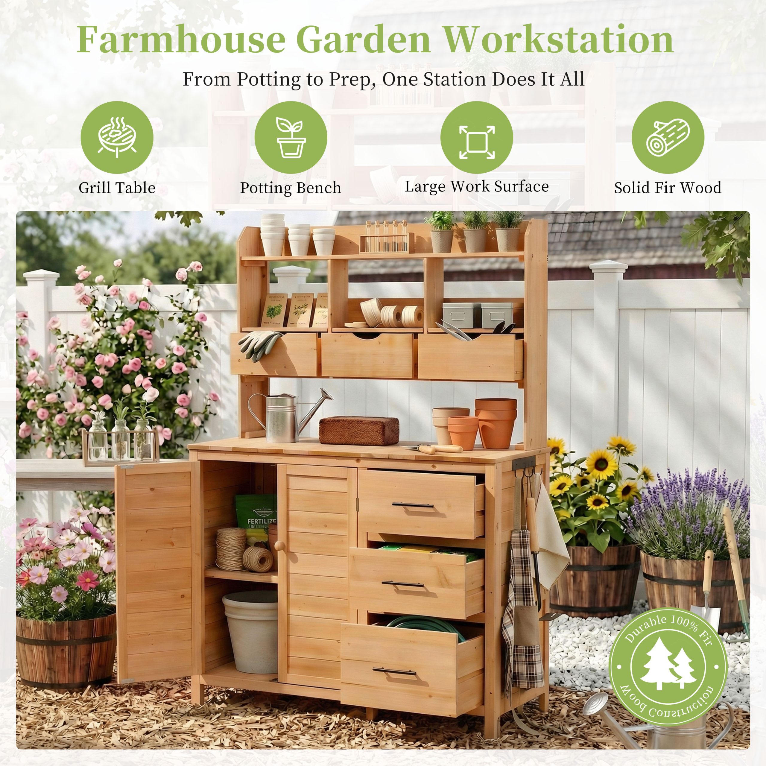 (With Assembly Video) TOPMAX Farmhouse Patio Potting Bench, 44.6''x19.5'' Large Freestanding Garden Workstation with 6 Drawers, Bottom Cabinet and Side Hook, Outdoor Kitchen Island, Natural Wood - Image 3