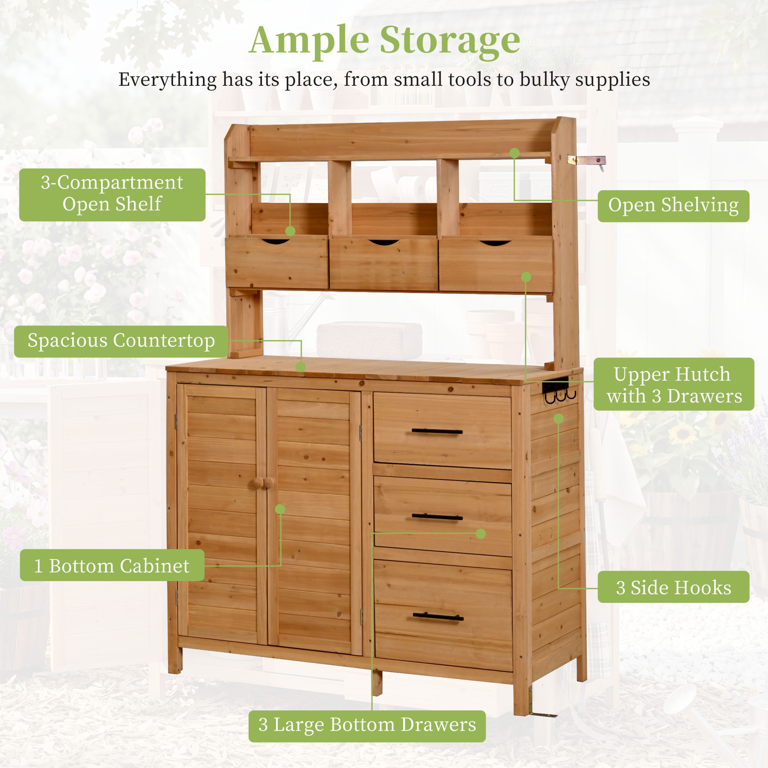 (With Assembly Video) TOPMAX Farmhouse Patio Potting Bench, 44.6''x19.5'' Large Freestanding Garden Workstation with 6 Drawers, Bottom Cabinet and Side Hook, Outdoor Kitchen Island, Natural Wood - Image 4