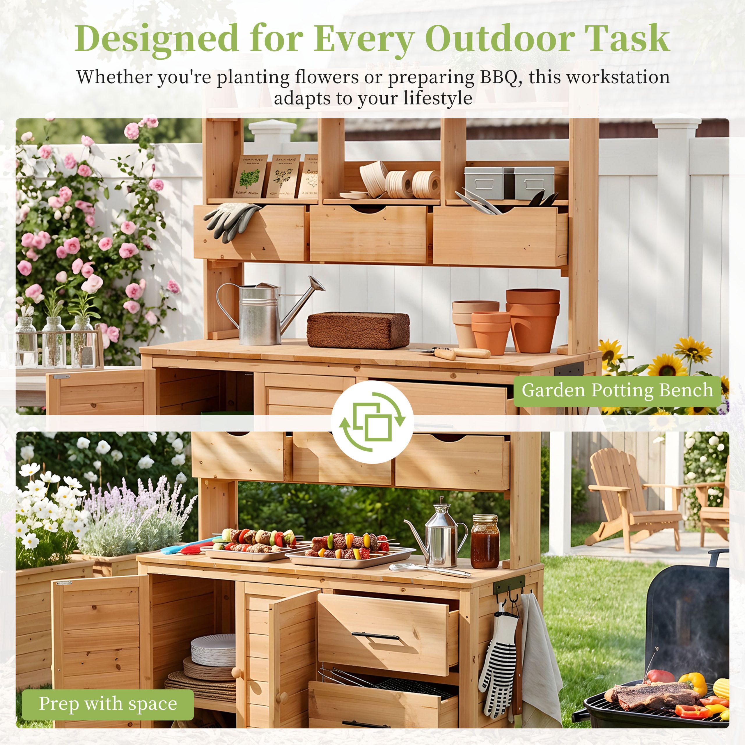 (With Assembly Video) TOPMAX Farmhouse Patio Potting Bench, 44.6''x19.5'' Large Freestanding Garden Workstation with 6 Drawers, Bottom Cabinet and Side Hook, Outdoor Kitchen Island, Natural Wood - Image 5