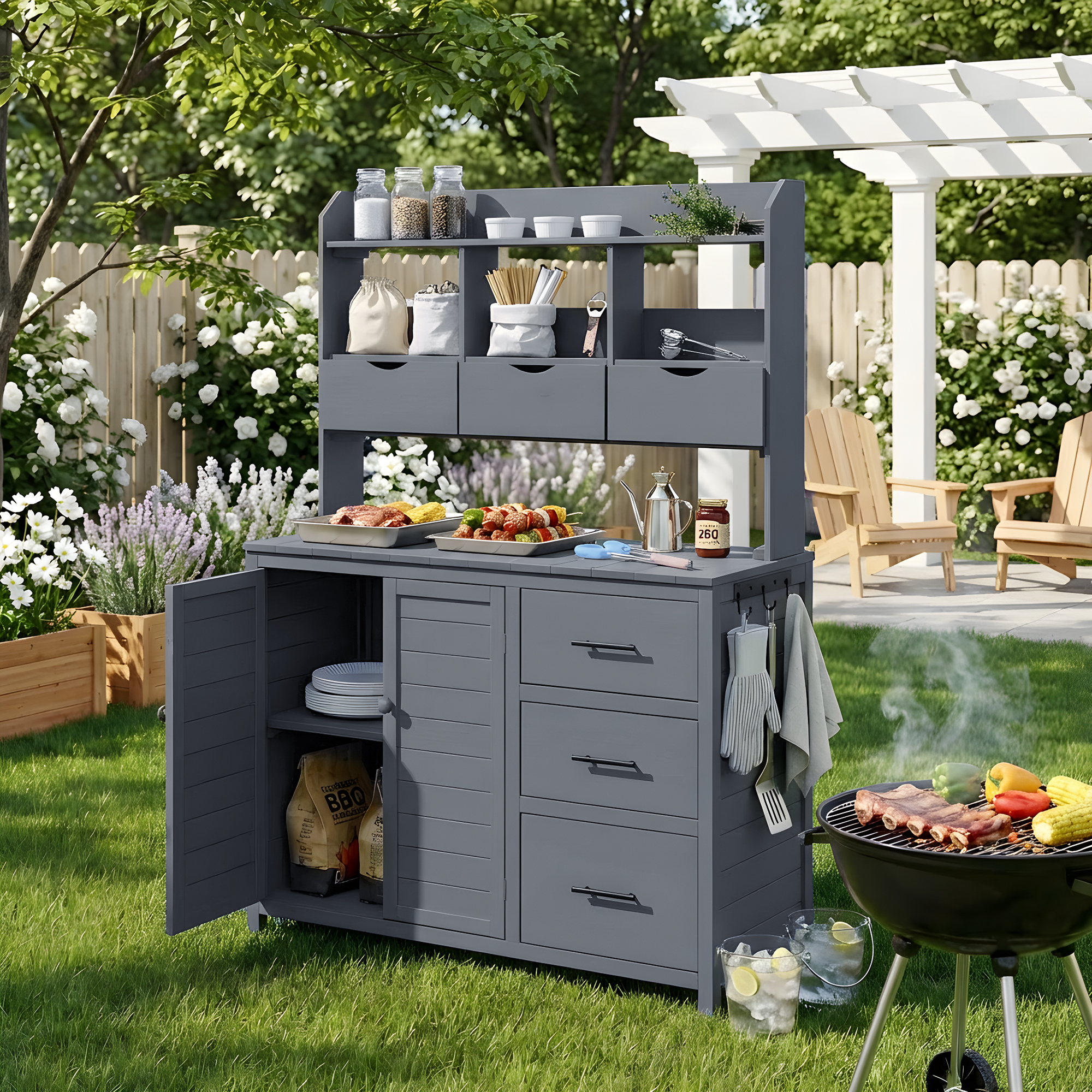 (With Assembly Video) TOPMAX Farmhouse Patio Potting Bench, 44.6''x19.5'' Large Freestanding Garden Workstation with 6 Drawers, Bottom Cabinet and Side Hook, Outdoor Kitchen Island, Gray - Image 2