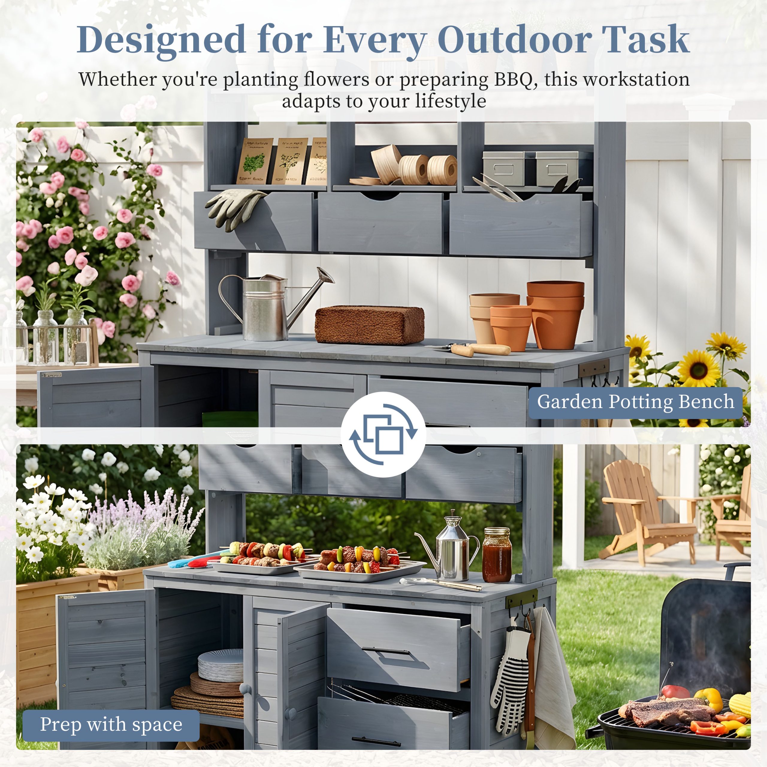 (With Assembly Video) TOPMAX Farmhouse Patio Potting Bench, 44.6''x19.5'' Large Freestanding Garden Workstation with 6 Drawers, Bottom Cabinet and Side Hook, Outdoor Kitchen Island, Gray - Image 3