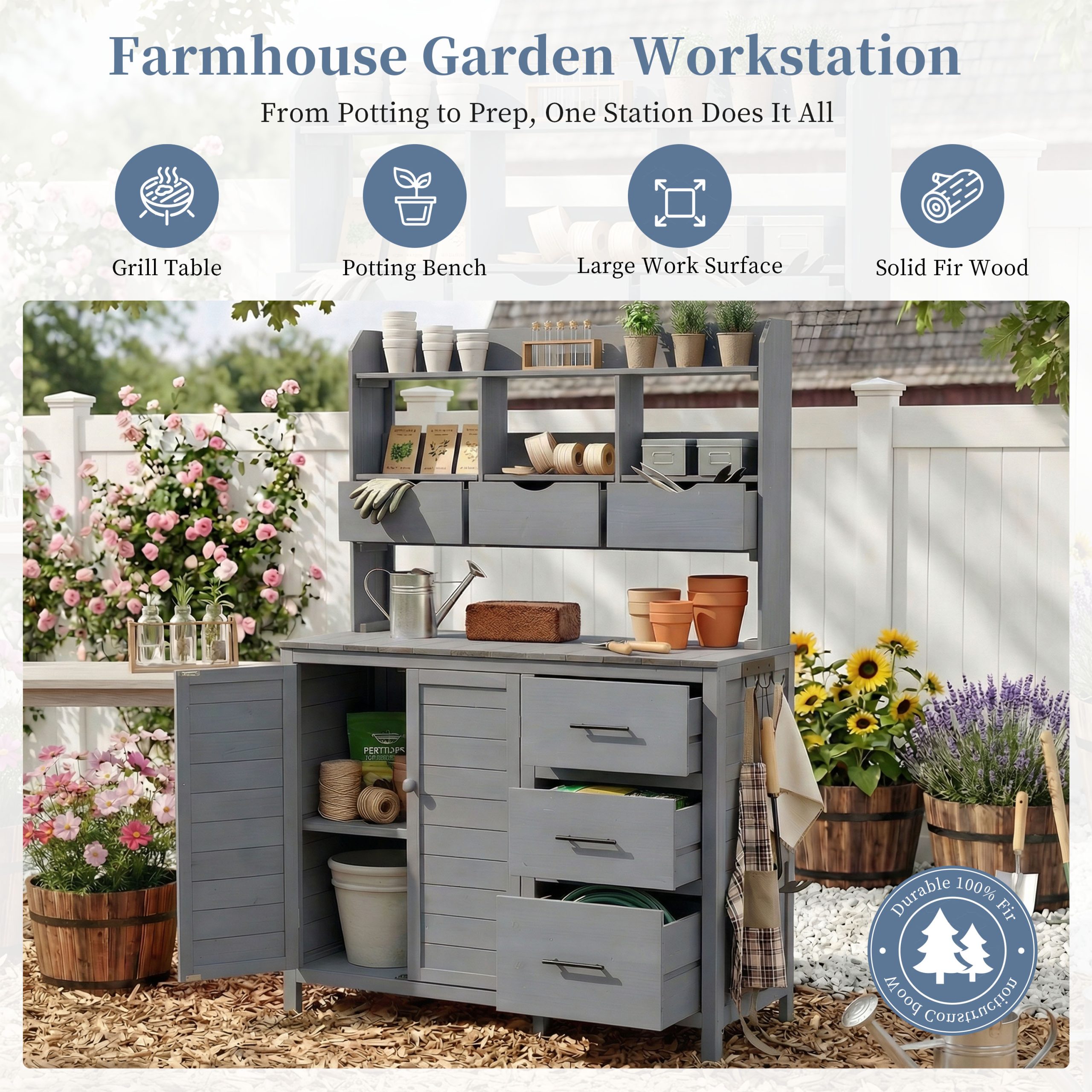(With Assembly Video) TOPMAX Farmhouse Patio Potting Bench, 44.6''x19.5'' Large Freestanding Garden Workstation with 6 Drawers, Bottom Cabinet and Side Hook, Outdoor Kitchen Island, Gray - Image 4