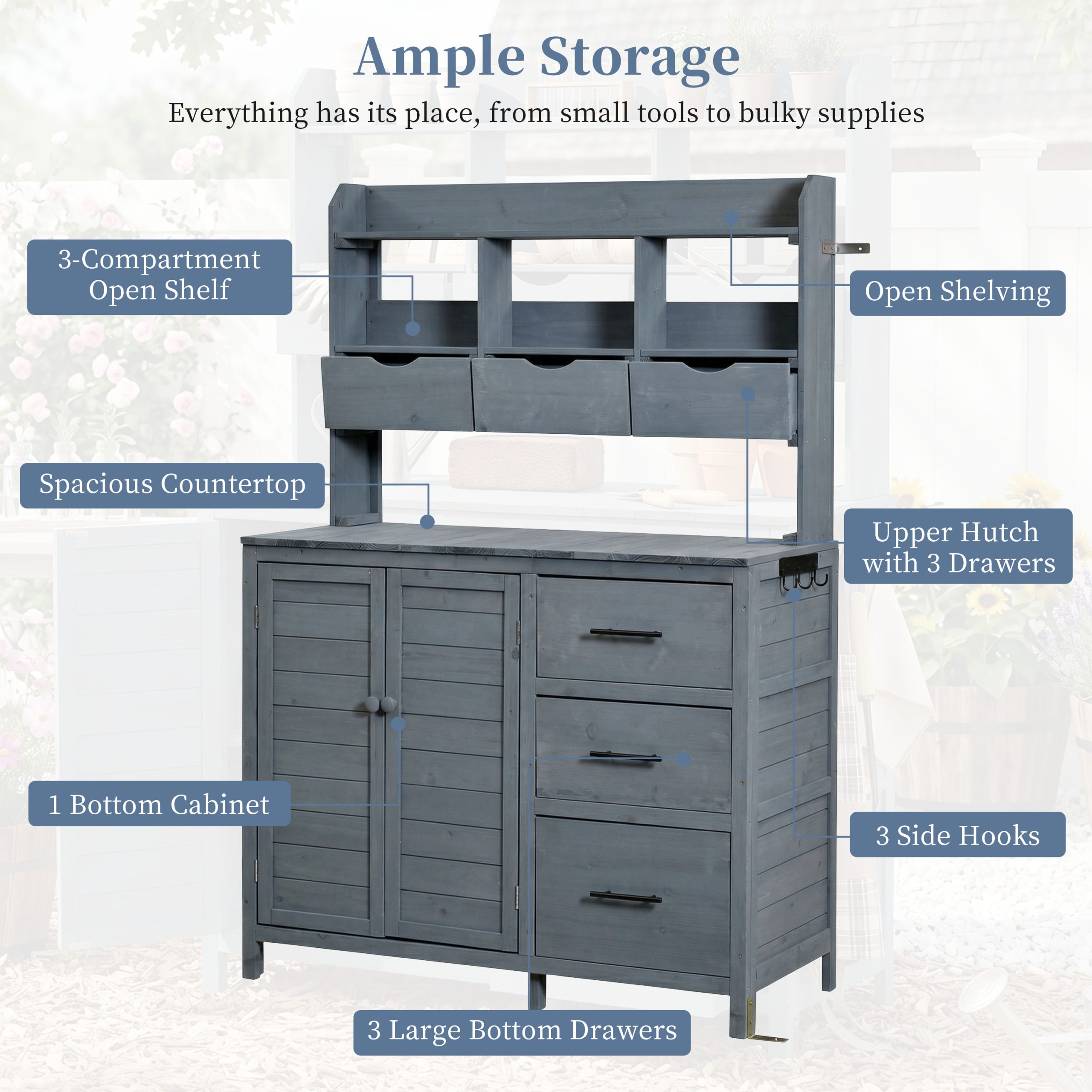 (With Assembly Video) TOPMAX Farmhouse Patio Potting Bench, 44.6''x19.5'' Large Freestanding Garden Workstation with 6 Drawers, Bottom Cabinet and Side Hook, Outdoor Kitchen Island, Gray - Image 5