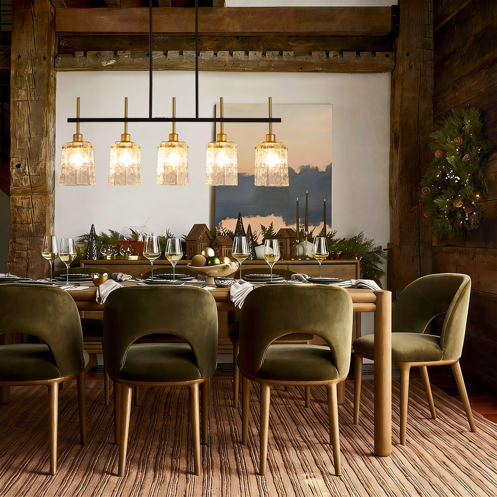 Farmhouse Chandelier 5-Light Dining Room Light Fixture Over Table Kitchen Island Lighting Rustic Chandeliers for Dining Light with Glass Pendant Lights Kitchen Island - Image 5