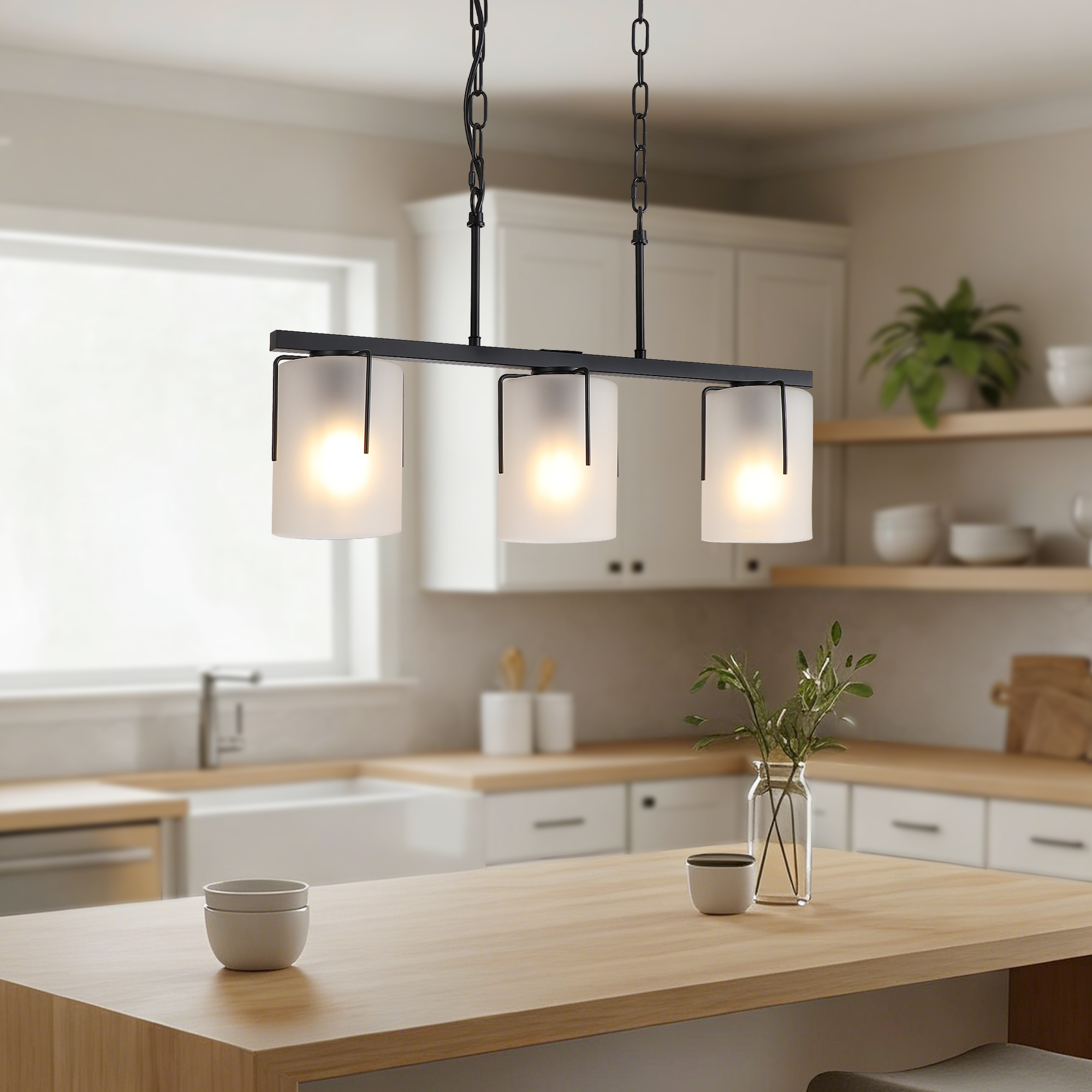 Minimalist 3-Light Linear Chandelier, Matte Black Pendant Lighting with Frosted Glass Shades, E26 Base Adjustable Ceiling Fixture for Dining Room Kitchen - Image 2