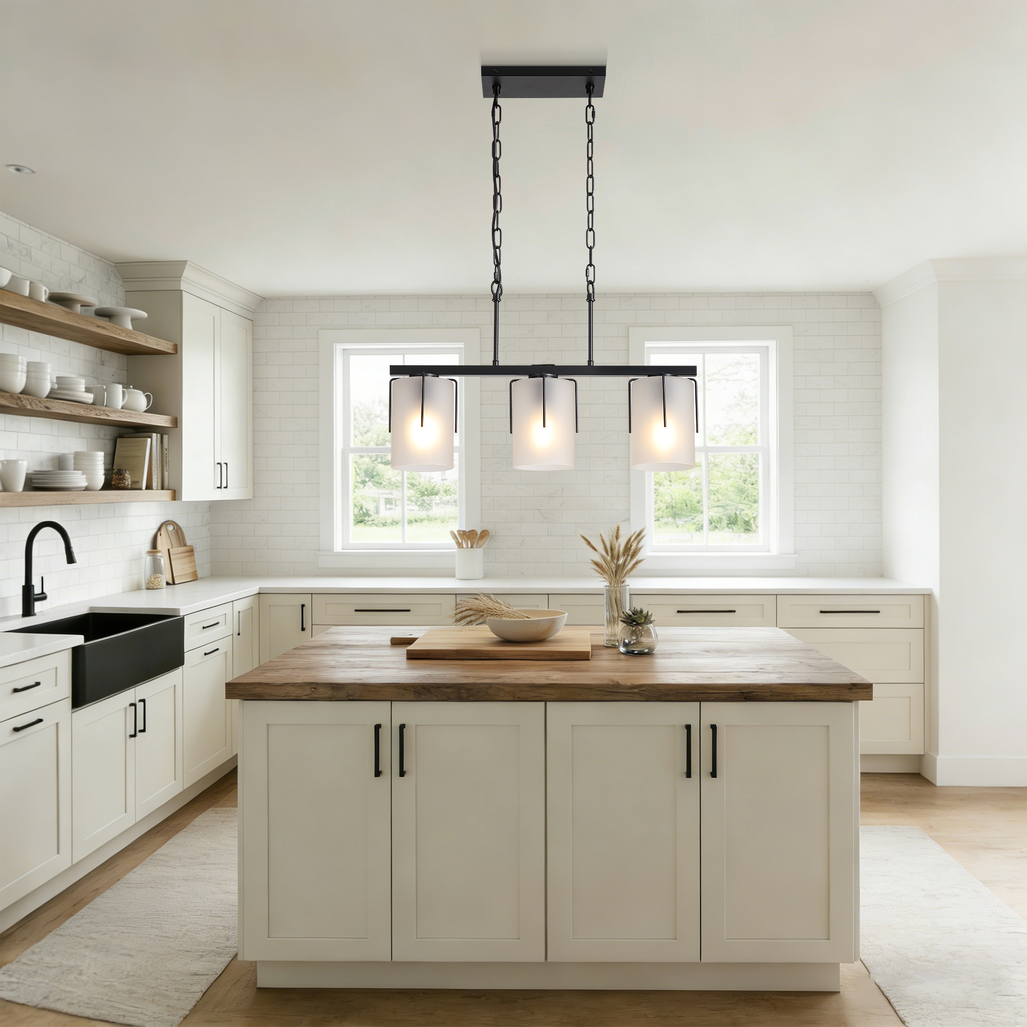Minimalist 3-Light Linear Chandelier, Matte Black Pendant Lighting with Frosted Glass Shades, E26 Base Adjustable Ceiling Fixture for Dining Room Kitchen - Image 3