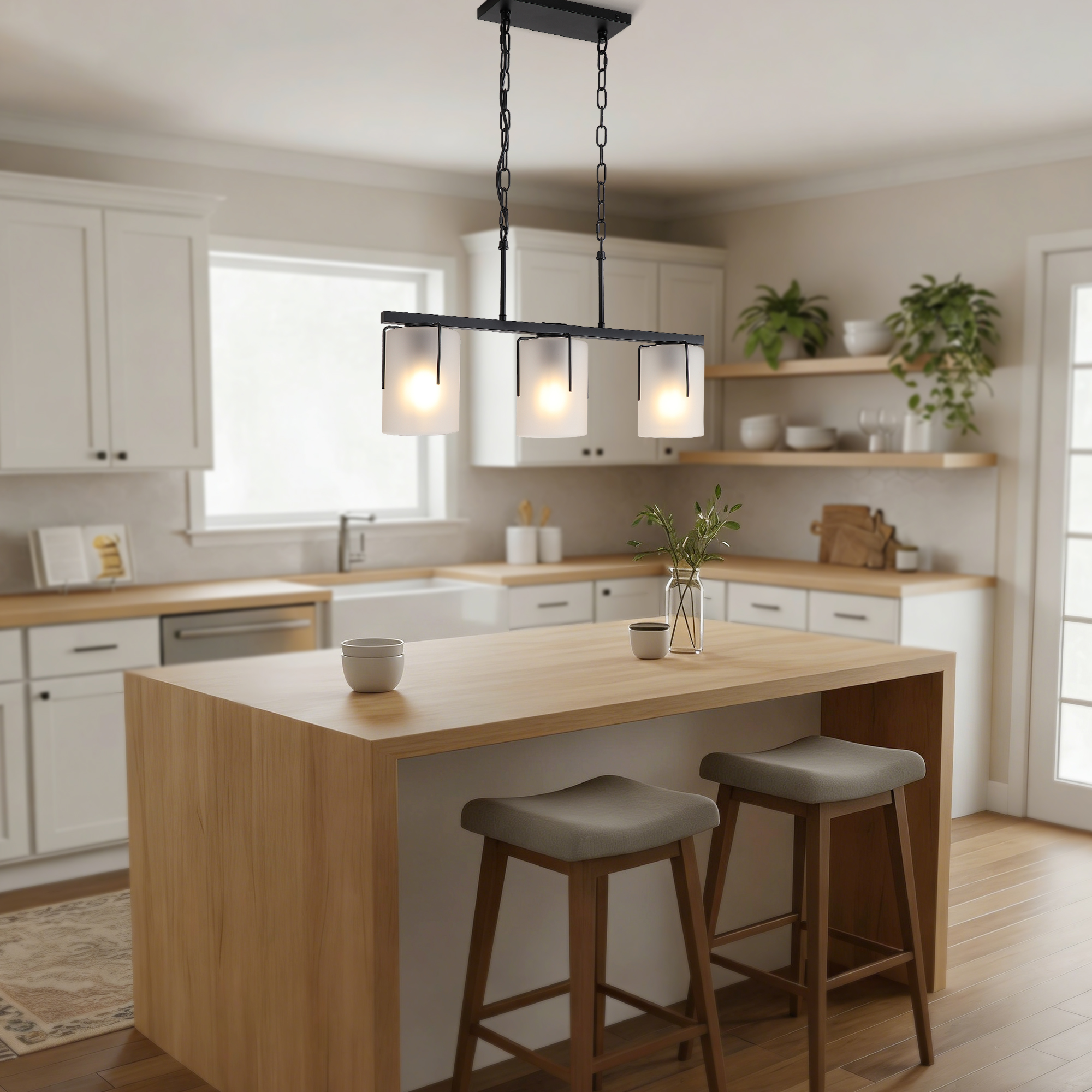Minimalist 3-Light Linear Chandelier, Matte Black Pendant Lighting with Frosted Glass Shades, E26 Base Adjustable Ceiling Fixture for Dining Room Kitchen - Image 4