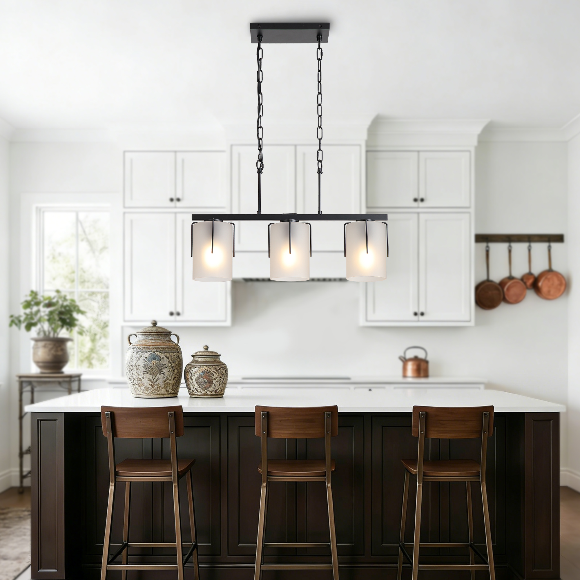 Minimalist 3-Light Linear Chandelier, Matte Black Pendant Lighting with Frosted Glass Shades, E26 Base Adjustable Ceiling Fixture for Dining Room Kitchen - Image 5