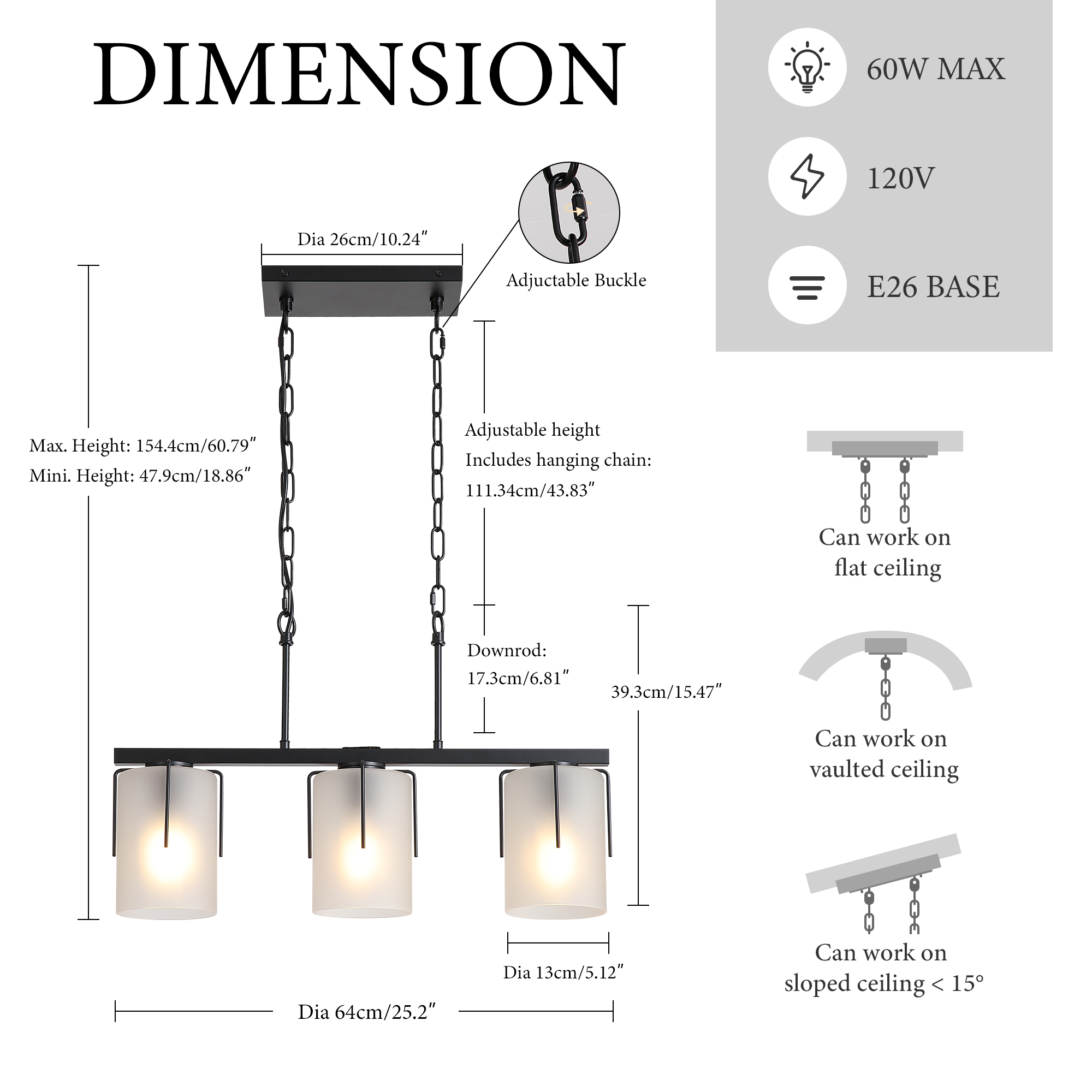 Minimalist 3-Light Linear Chandelier, Matte Black Pendant Lighting with Frosted Glass Shades, E26 Base Adjustable Ceiling Fixture for Dining Room Kitchen - Image 6
