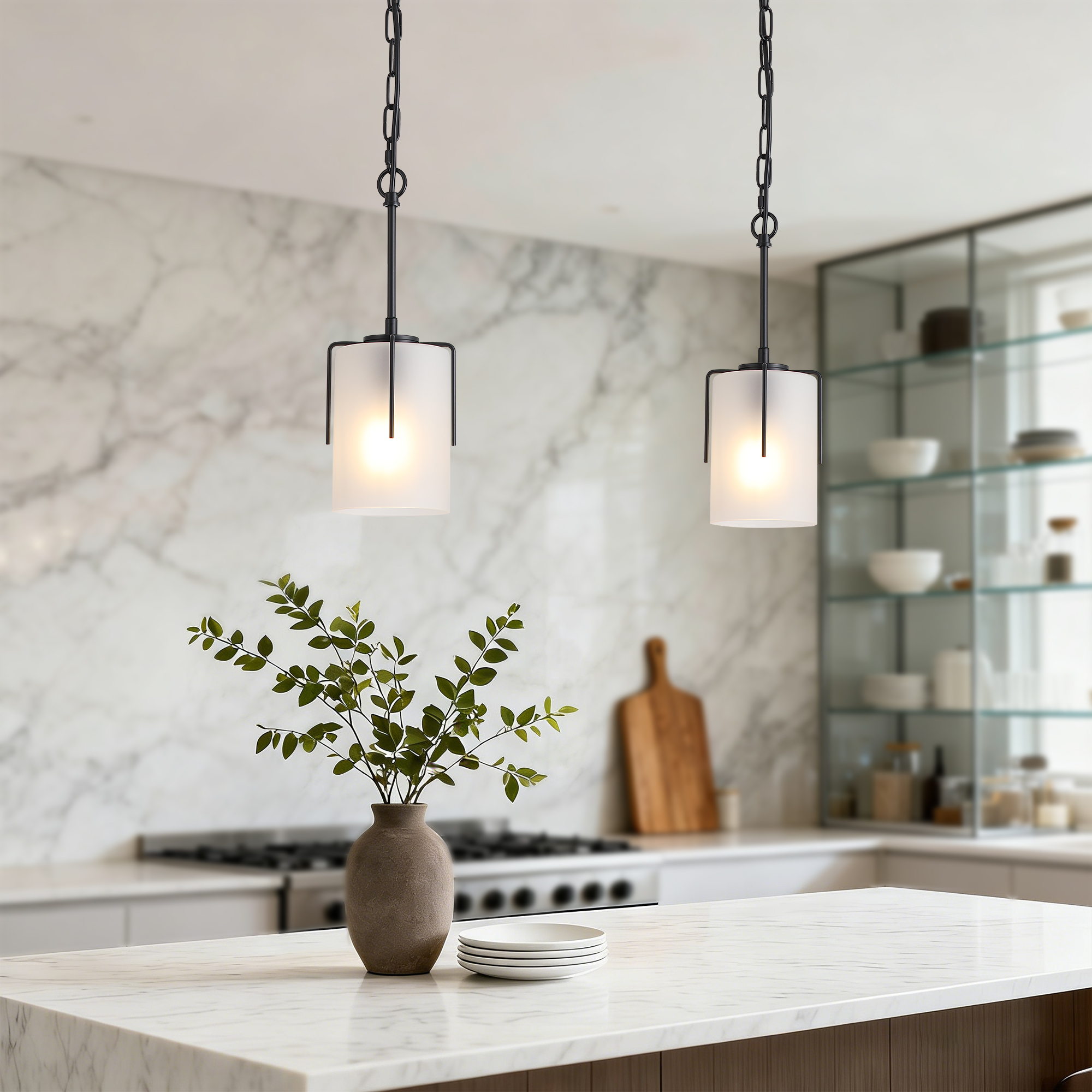 Modern Adjustable Cylindrical Pendant Light, Milky White Frosted Glass & Black Metal Frame, E26 Base, Compatible with Flat/Vaulted/Sloped Ceilings, Ideal for Kitchen Island, Dining Room, Bedroom - Image 2