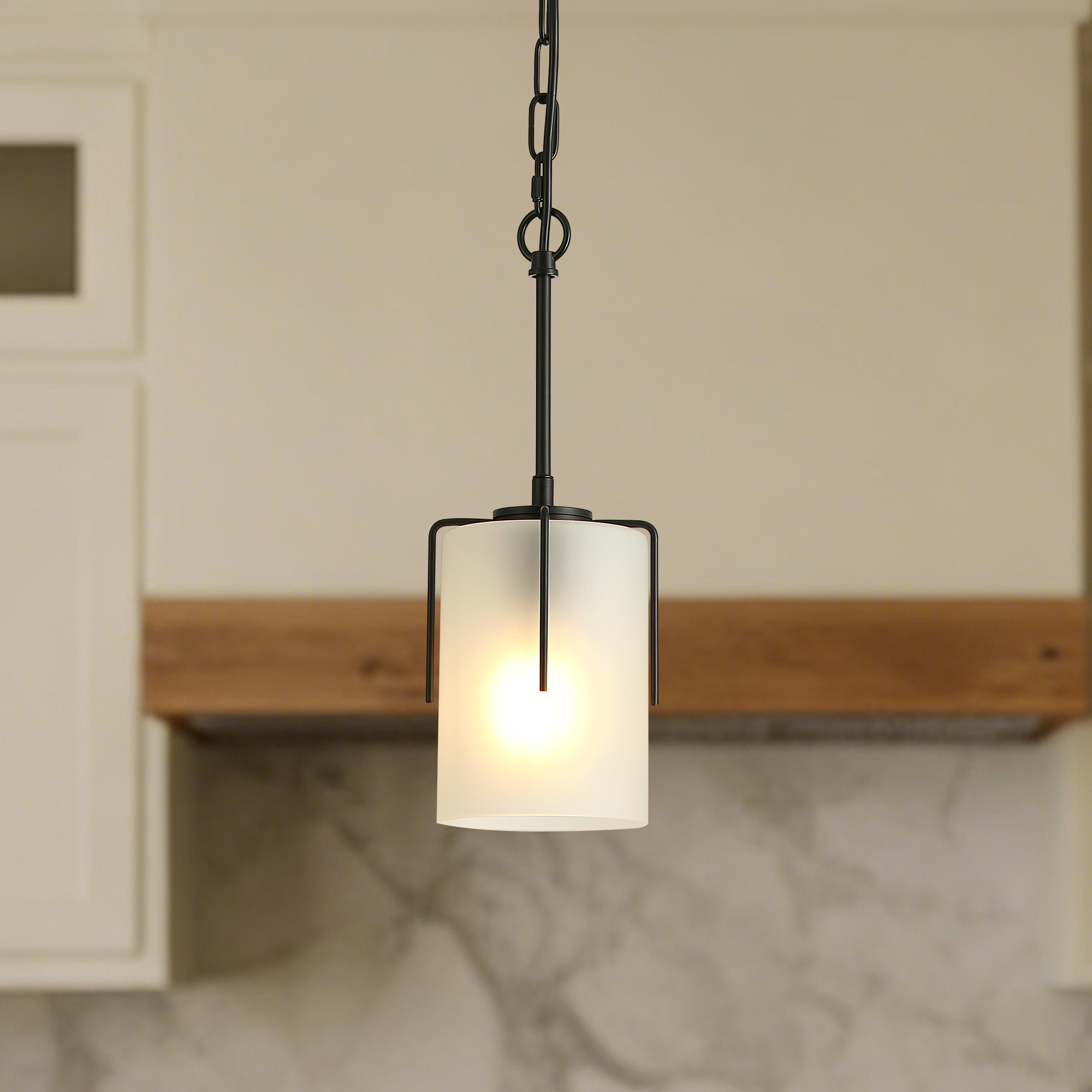 Modern Adjustable Cylindrical Pendant Light, Milky White Frosted Glass & Black Metal Frame, E26 Base, Compatible with Flat/Vaulted/Sloped Ceilings, Ideal for Kitchen Island, Dining Room, Bedroom - Image 3