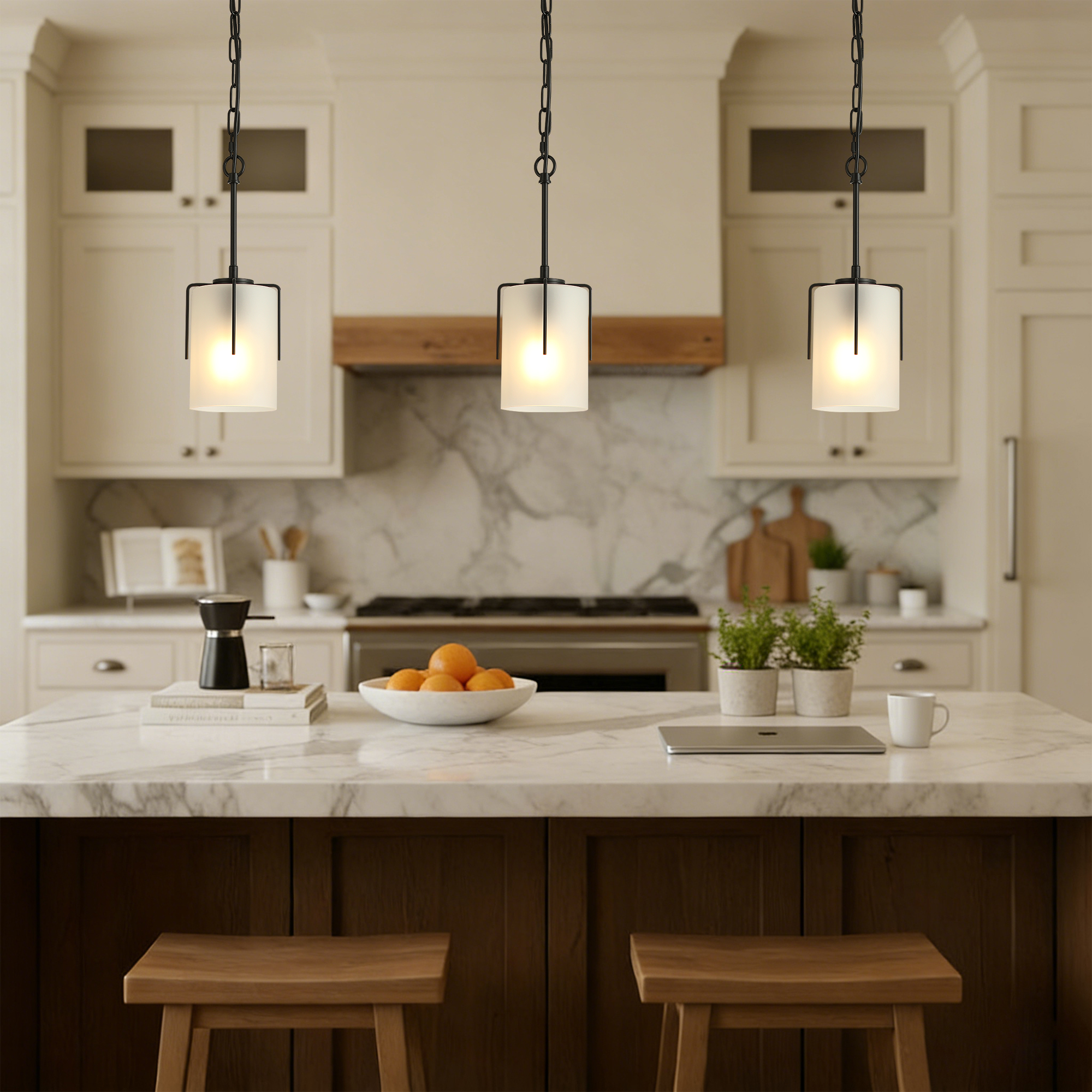 Modern Adjustable Cylindrical Pendant Light, Milky White Frosted Glass & Black Metal Frame, E26 Base, Compatible with Flat/Vaulted/Sloped Ceilings, Ideal for Kitchen Island, Dining Room, Bedroom - Image 4